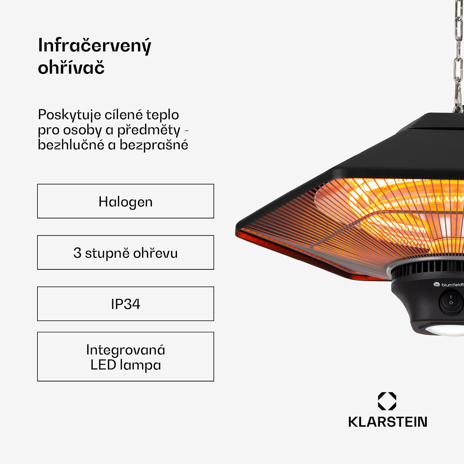 Heat Hexa, infračervený ohřívač, 800/1200 W, halogen, IP34, LED, černý Černá