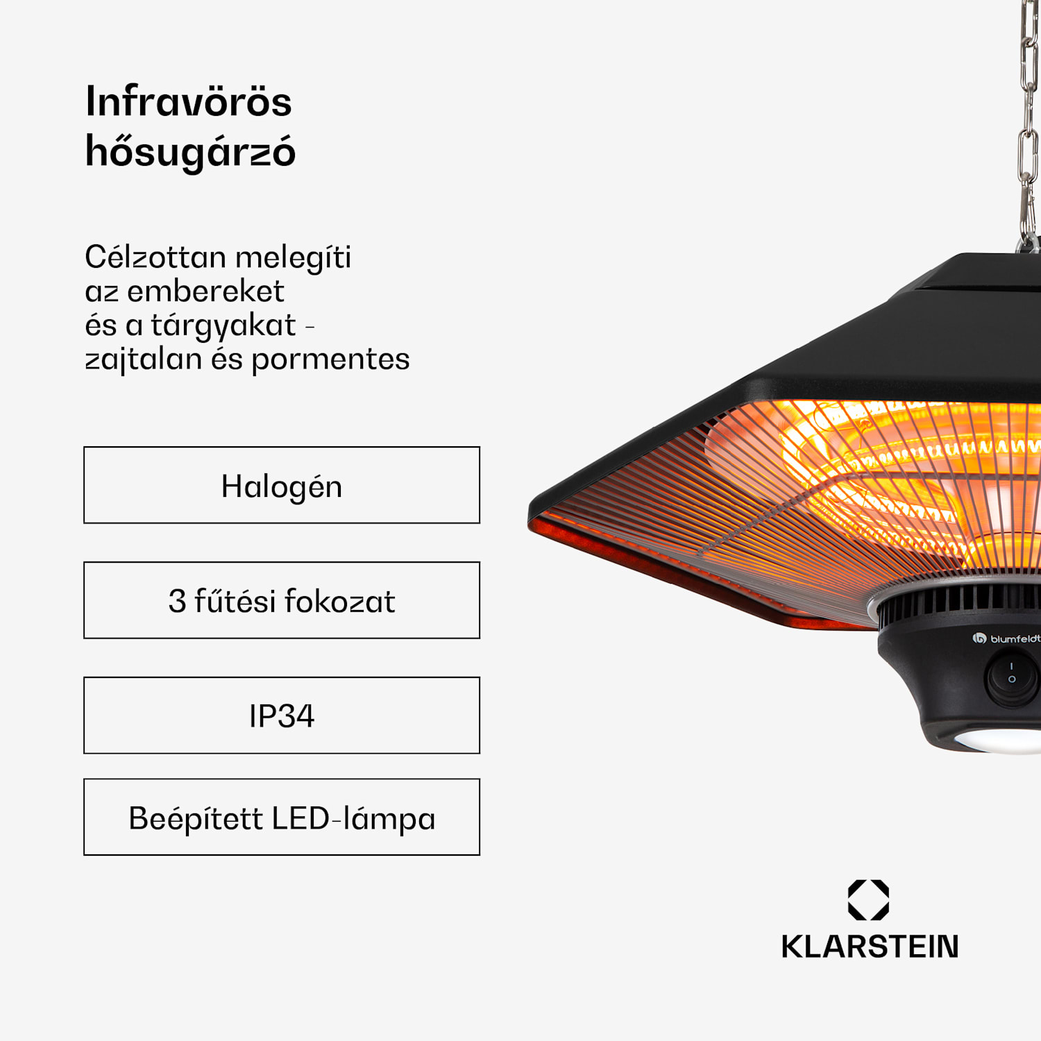 Heat Hexa, infravörös hősugárzó, 800/1200 W, halogén, IP34, LED, fekete Fekete