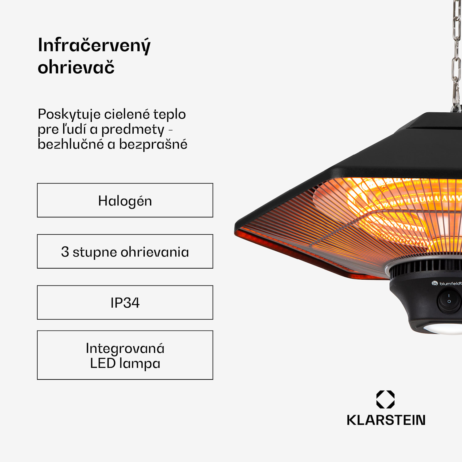 Heat Hexa, infračervený ohrievač, 800/1200 W, halogén, IP34, LED, čierny Čierna