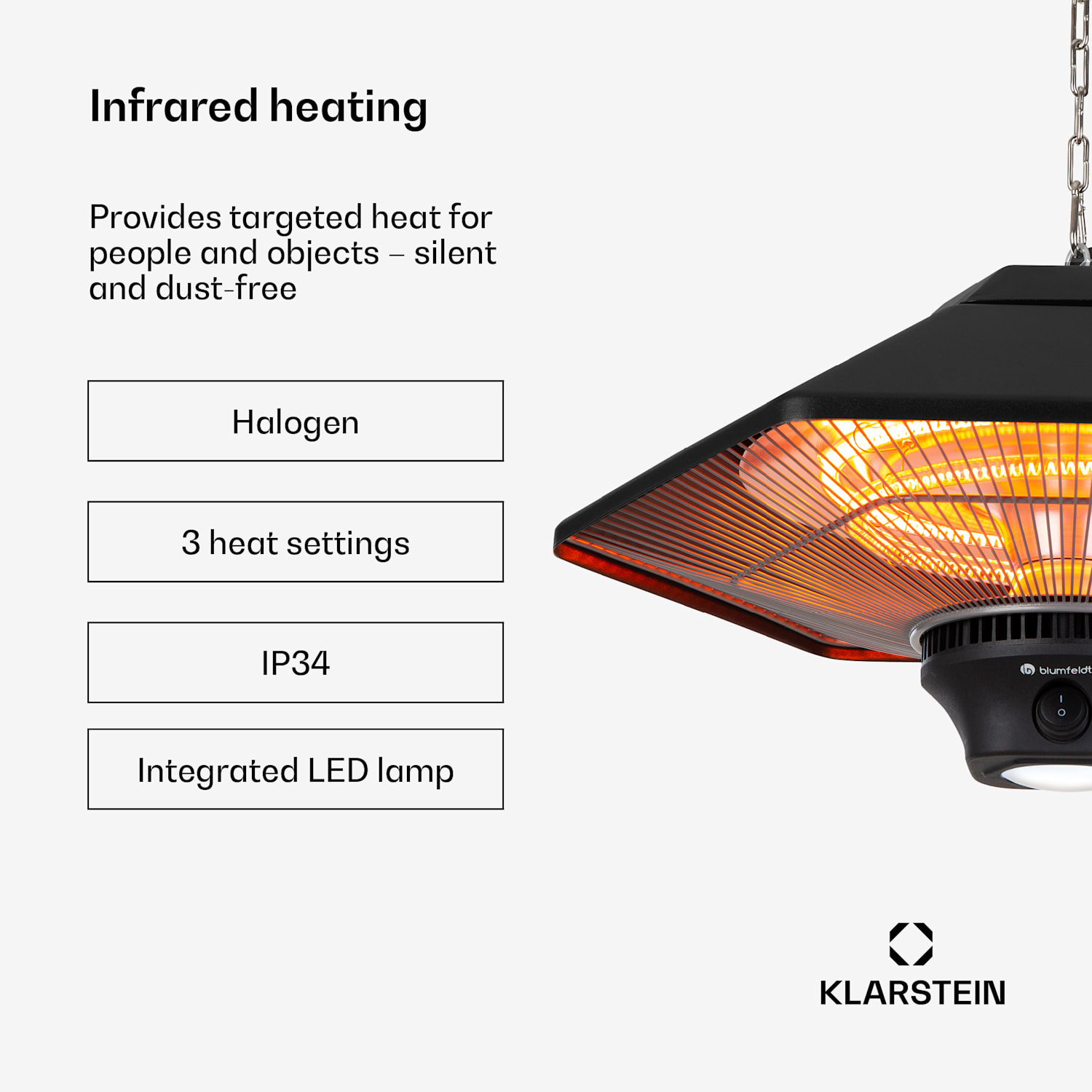 Heat Hexa Aquecedor Infravermelho 800/1200/2000W Halogénio IP34 LED preto Preto