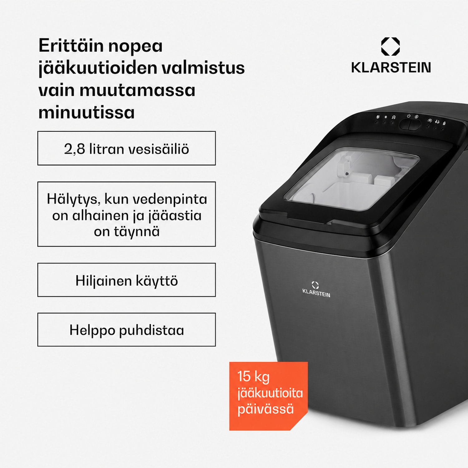 Partytime, jääpalakone, kirkas jää, 15 kg/24 h, ruostumaton teräs Musta Metallinen