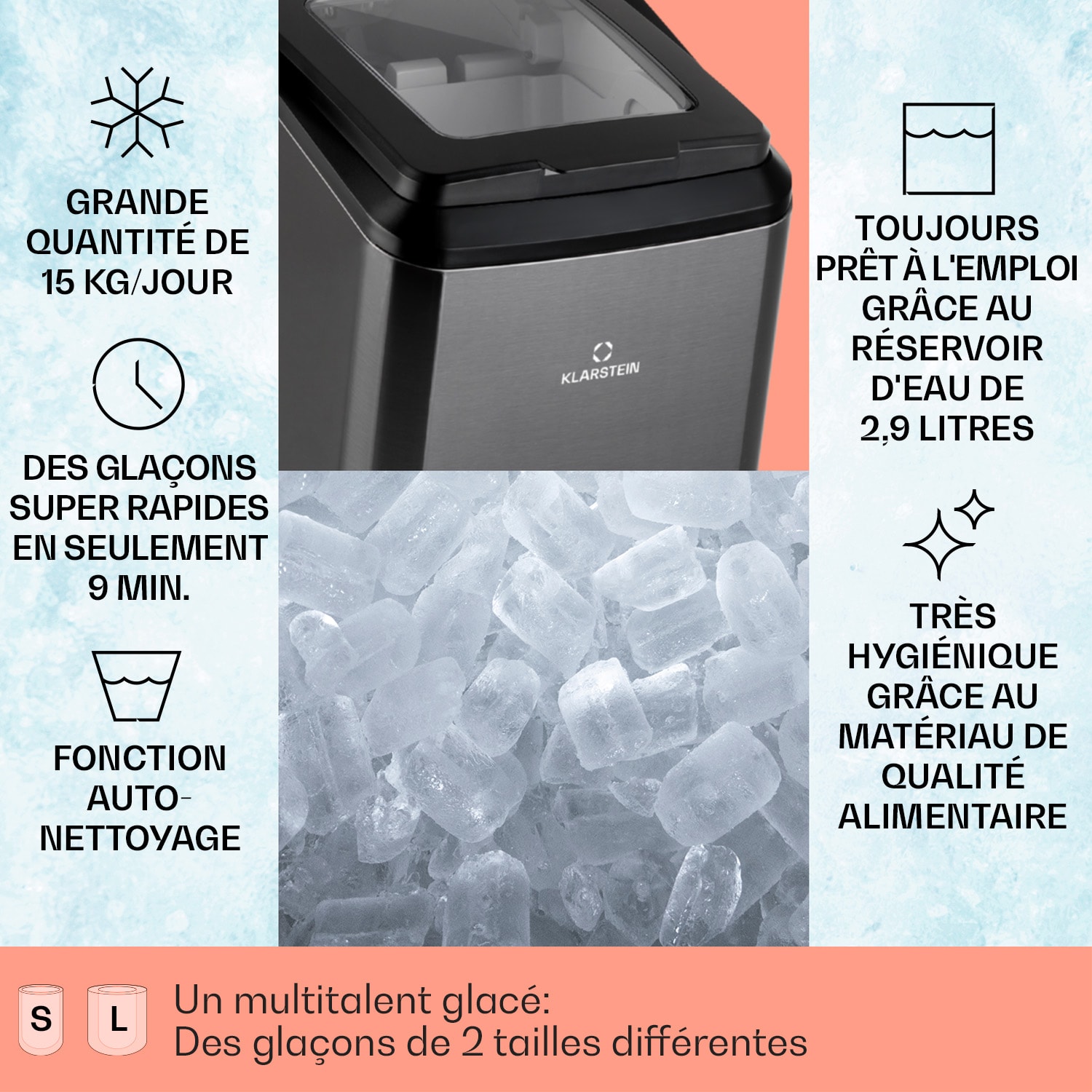 Partytime machine à glaçons glace claire 15kg/24h inox Noir Métallisé