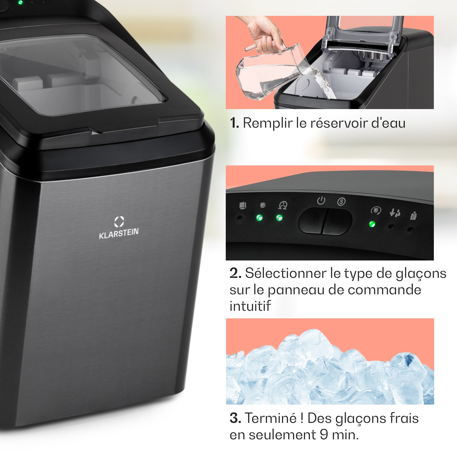 Partytime machine à glaçons glace claire 15kg/24h inox Noir Métallisé