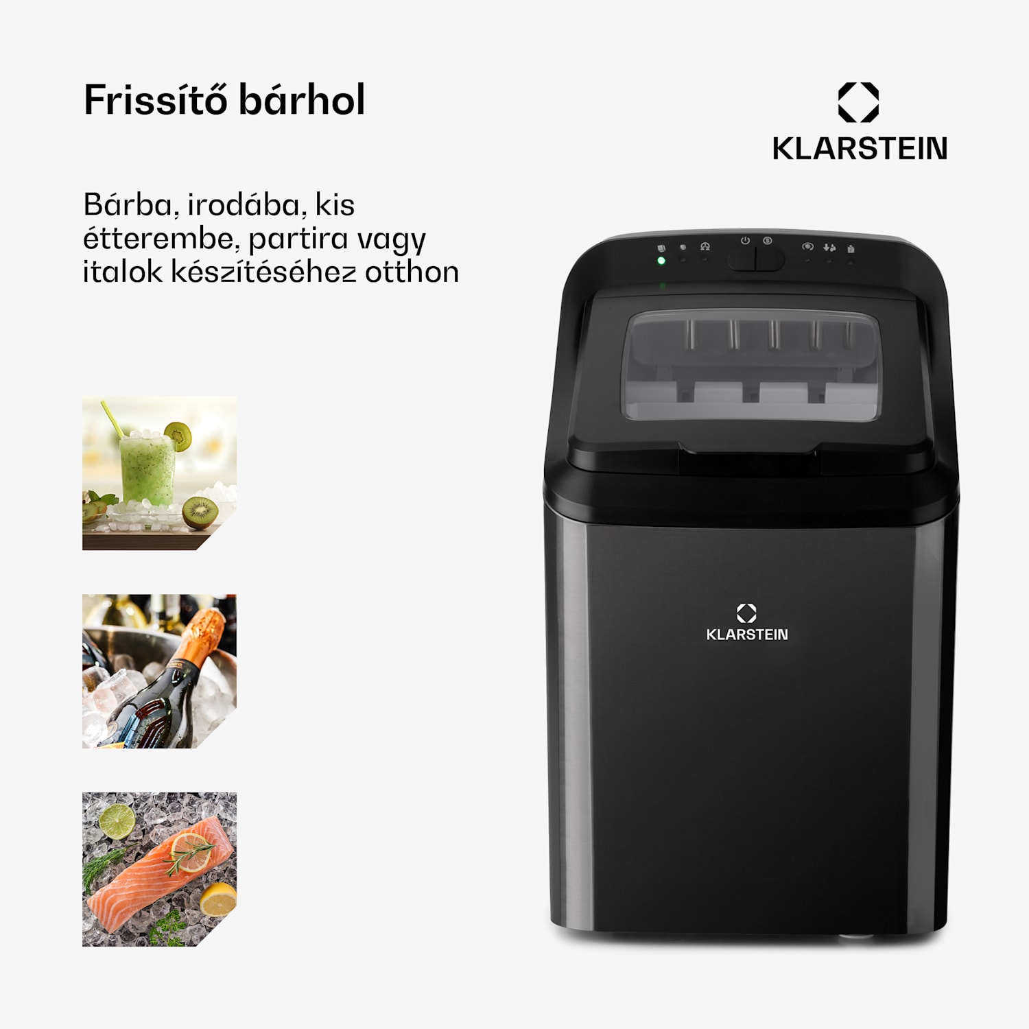 Partytime, jégkocka készítő, tiszta jég, 15 kg/24 h, rozsdamentes acél Fekete metál
