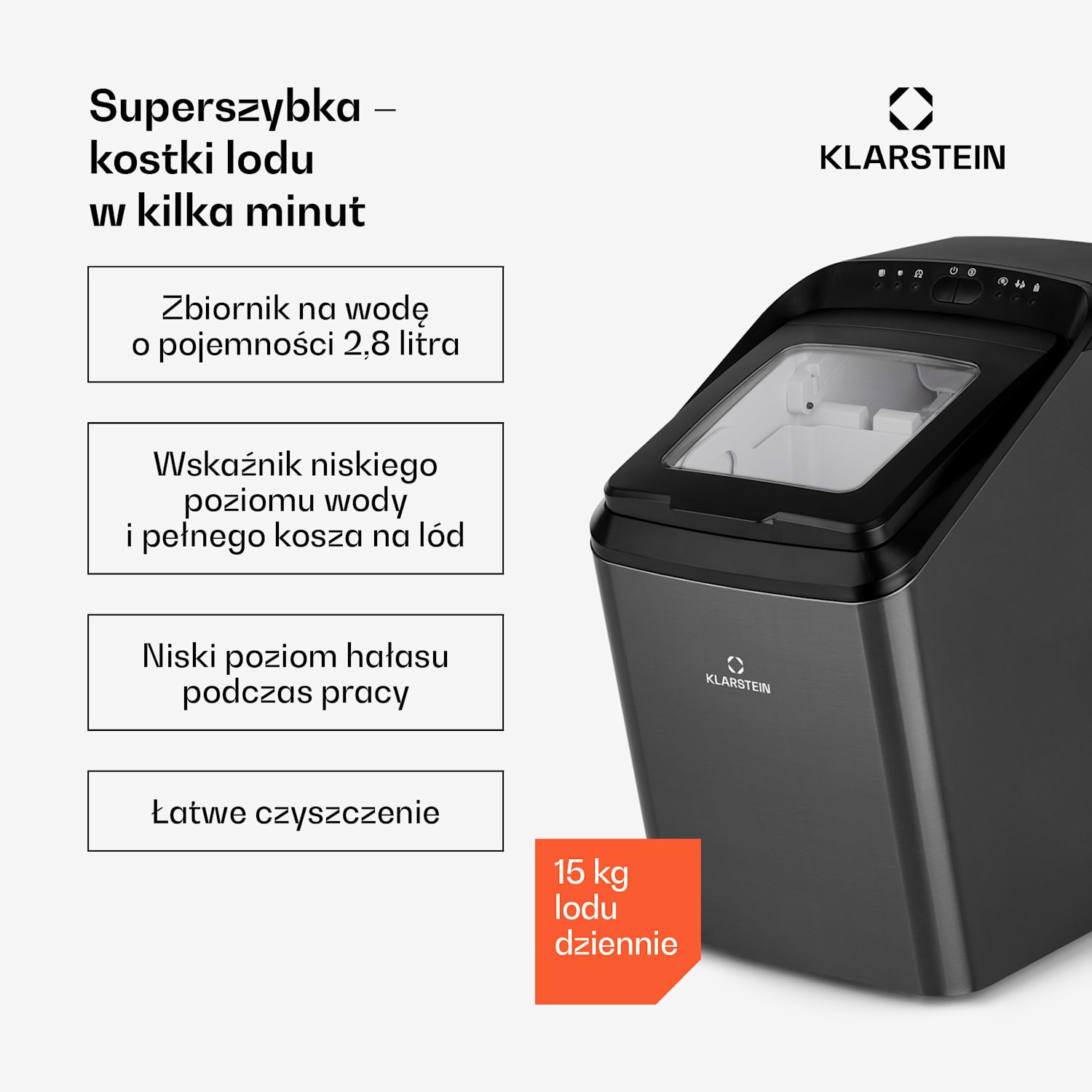 Partytime, kostkarka do lodu, przezroczysty lód, 15kg/24h, stal nierdzewna Czarny metalik