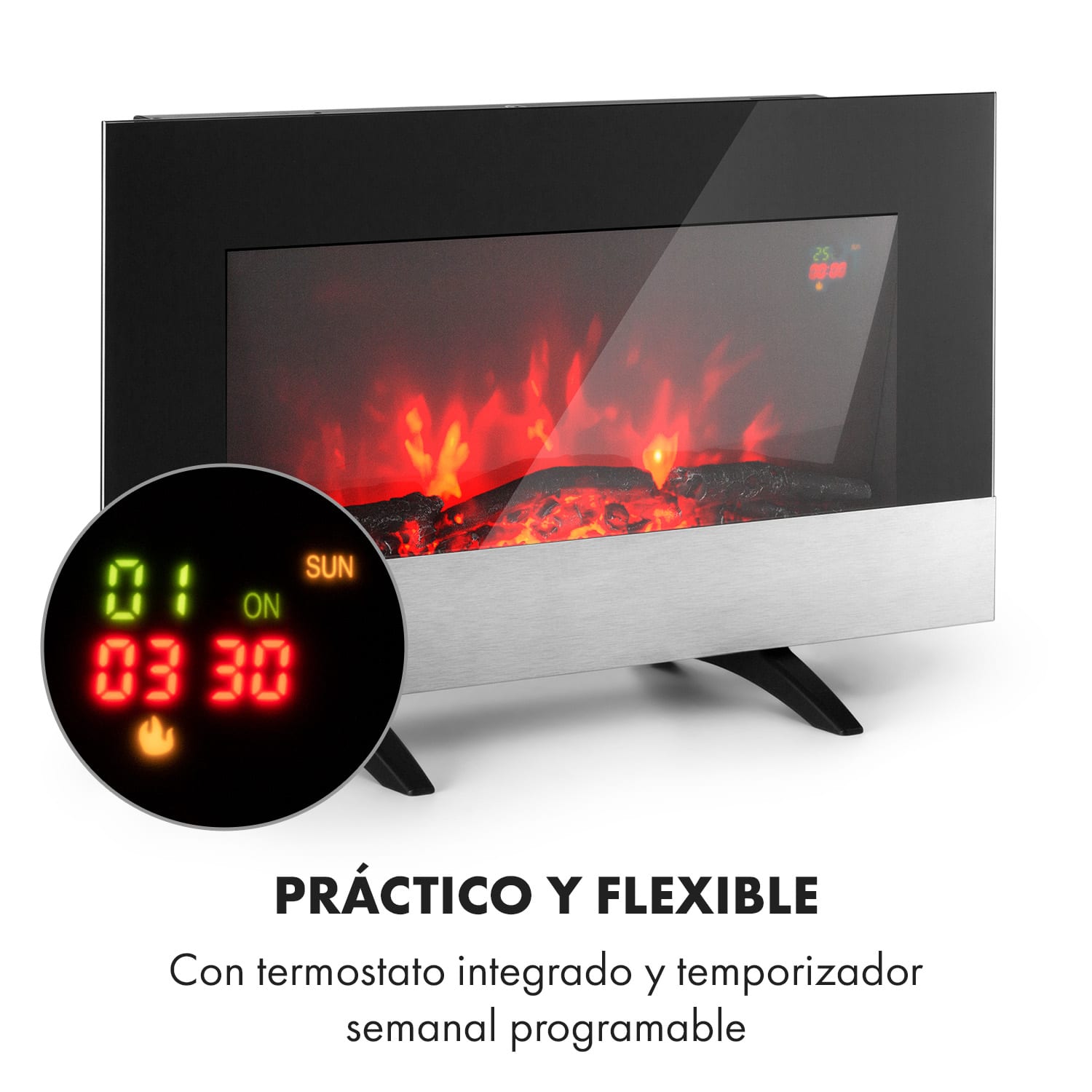 Basel Baseline Chimenea eléctrica 2000 W 2 niveles de calefacción 7 colores vidrio 