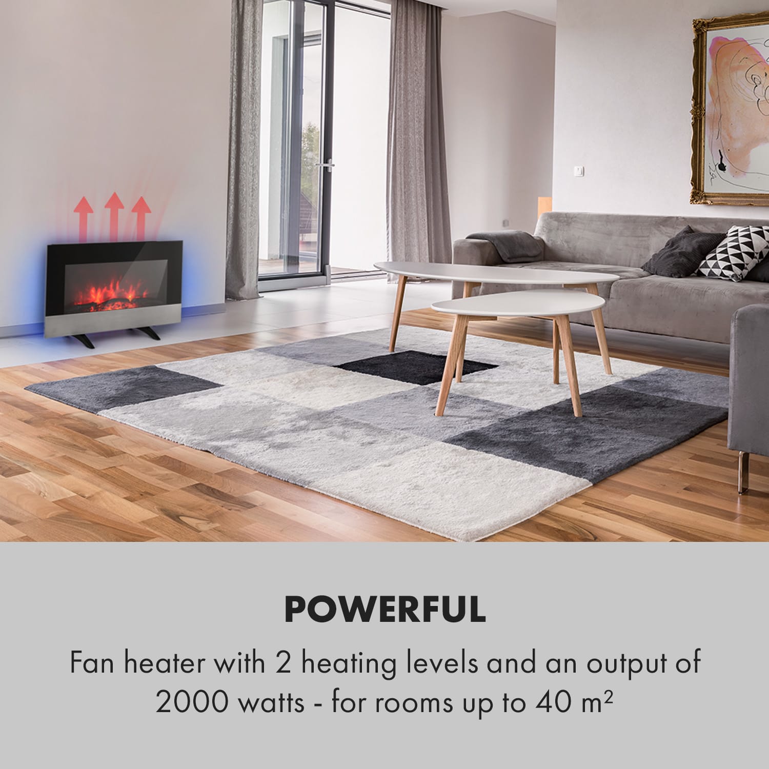 Basel Baseline electric fireplace 2000 watts 2 heating levels 7 colours glass 