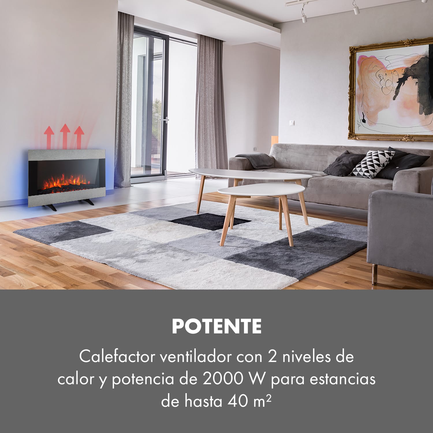 Basel Illumine Chimenea eléctrica efecto llamas LED 2000 Watt 2 niveles de calefacción atenuación 