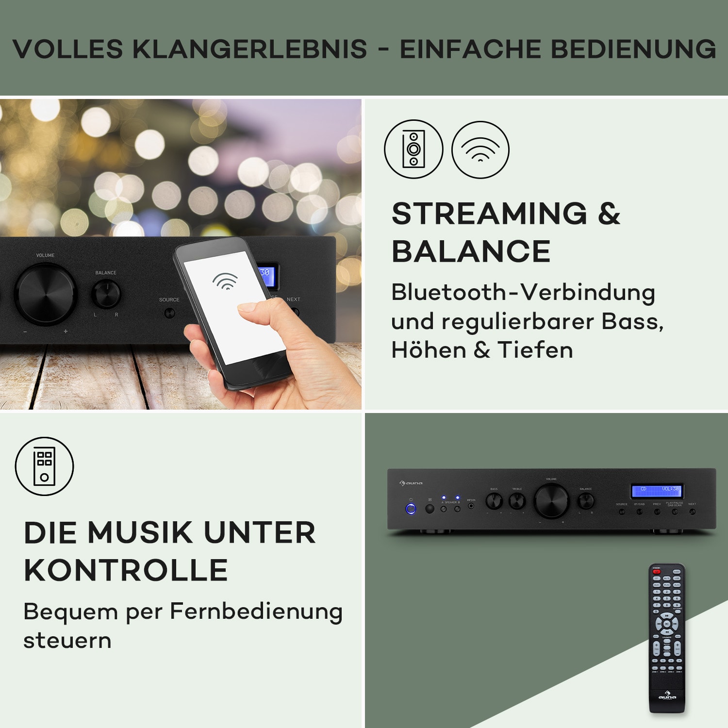 AMP-CD608 Amplificador estéreo DAB HiFi 4x100W RMS DAB+ BT Opt.-In Mando a distancia 