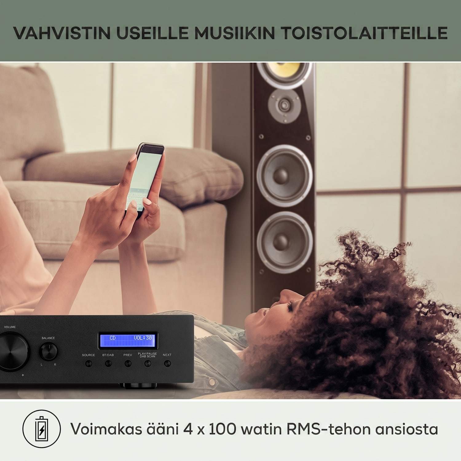 AMP-CD608 DAB, HiFi-stereo-vahvistin, 4 x 100 W RMS, DAB+, Bluetooth, optinen sisääntulo, kaukosäädin Musta