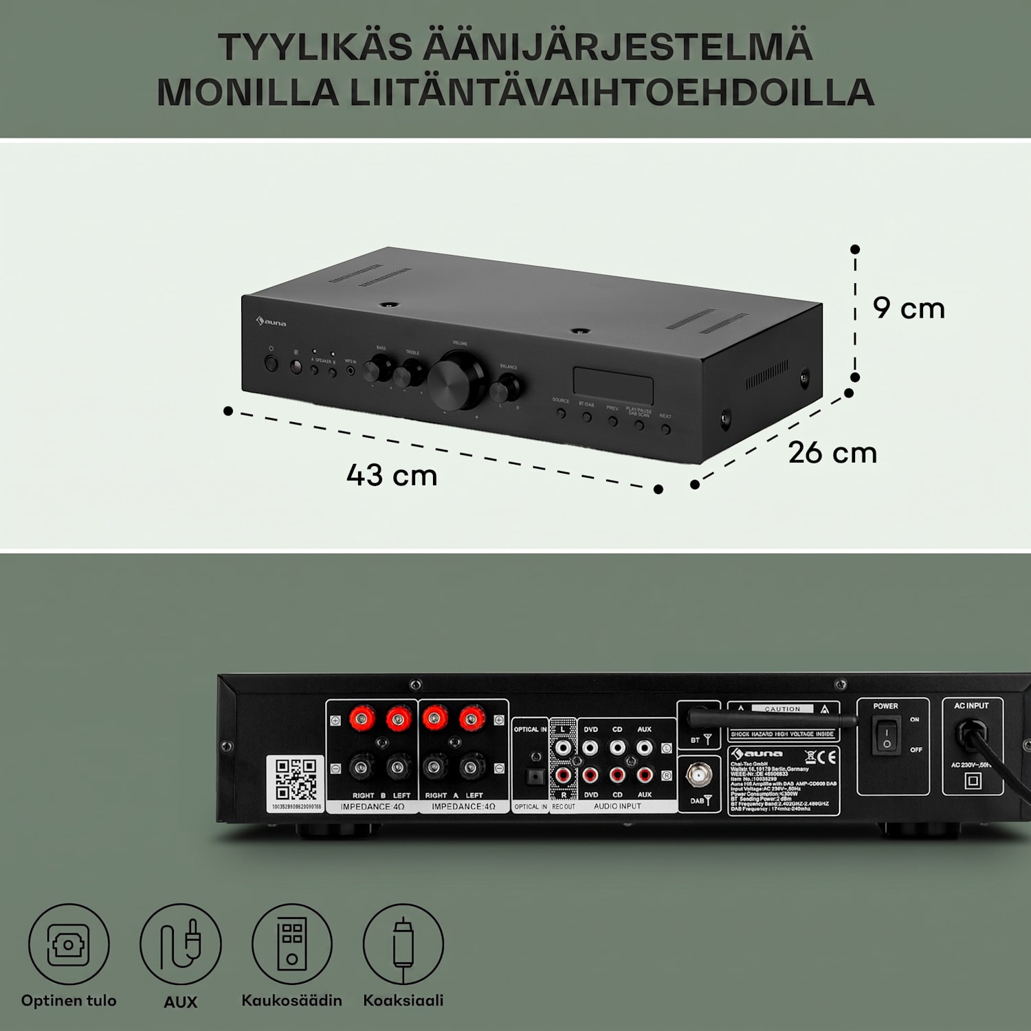 AMP-CD608 DAB, HiFi-stereo-vahvistin, 4 x 100 W RMS, DAB+, Bluetooth, optinen sisääntulo, kaukosäädin Musta
