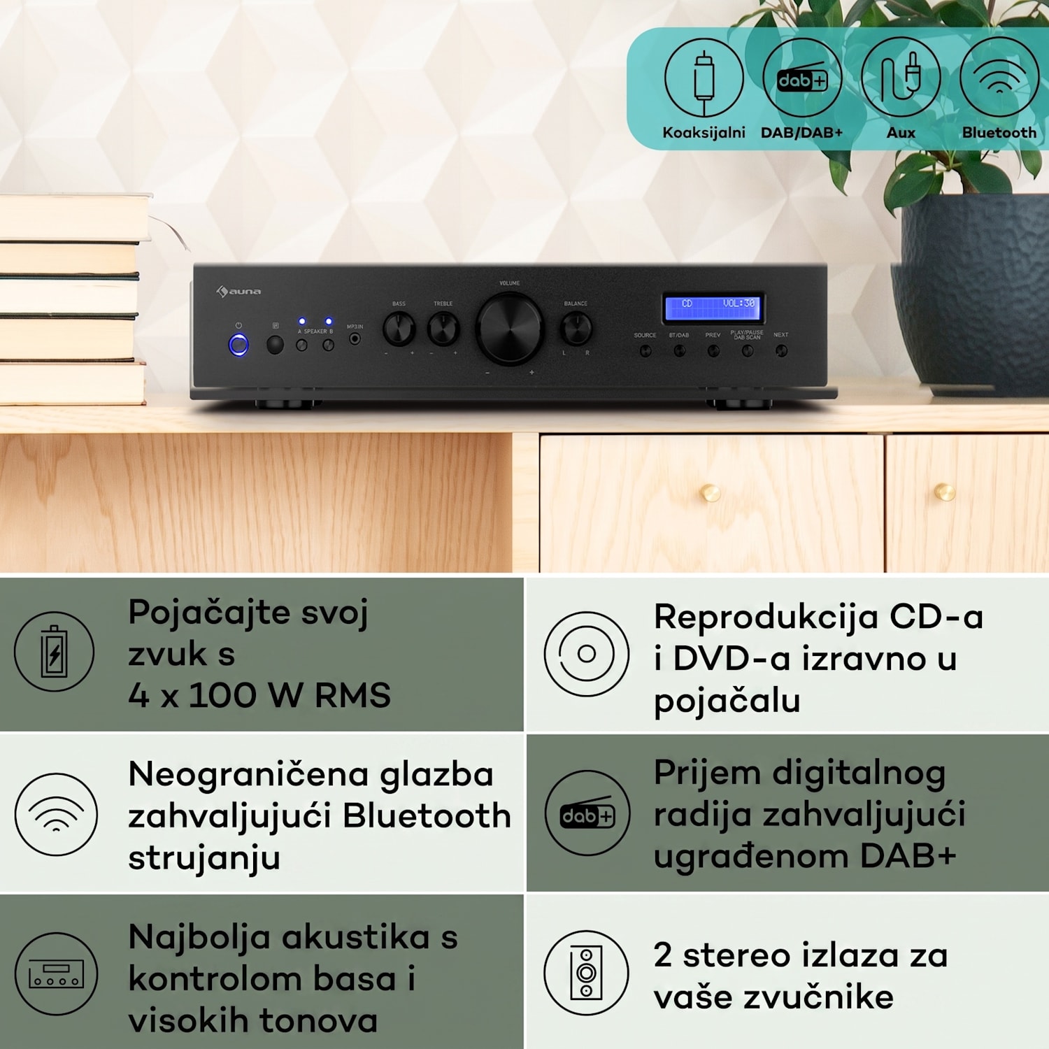 AMP-CD608 DAB, HiFi stereo pojačalo, 4 x 100 W, RMS, DAB + BT, optički ulaz, daljinski upravljač Crna
