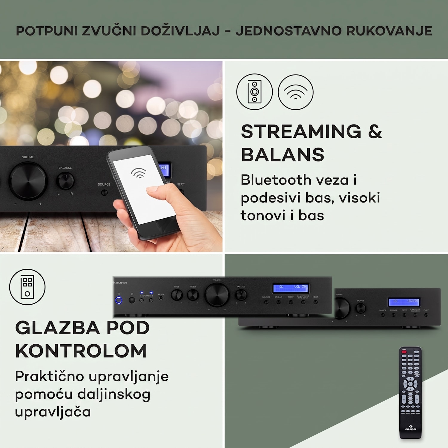 AMP-CD608 DAB, HiFi stereo pojačalo, 4 x 100 W, RMS, DAB + BT, optički ulaz, daljinski upravljač Crna