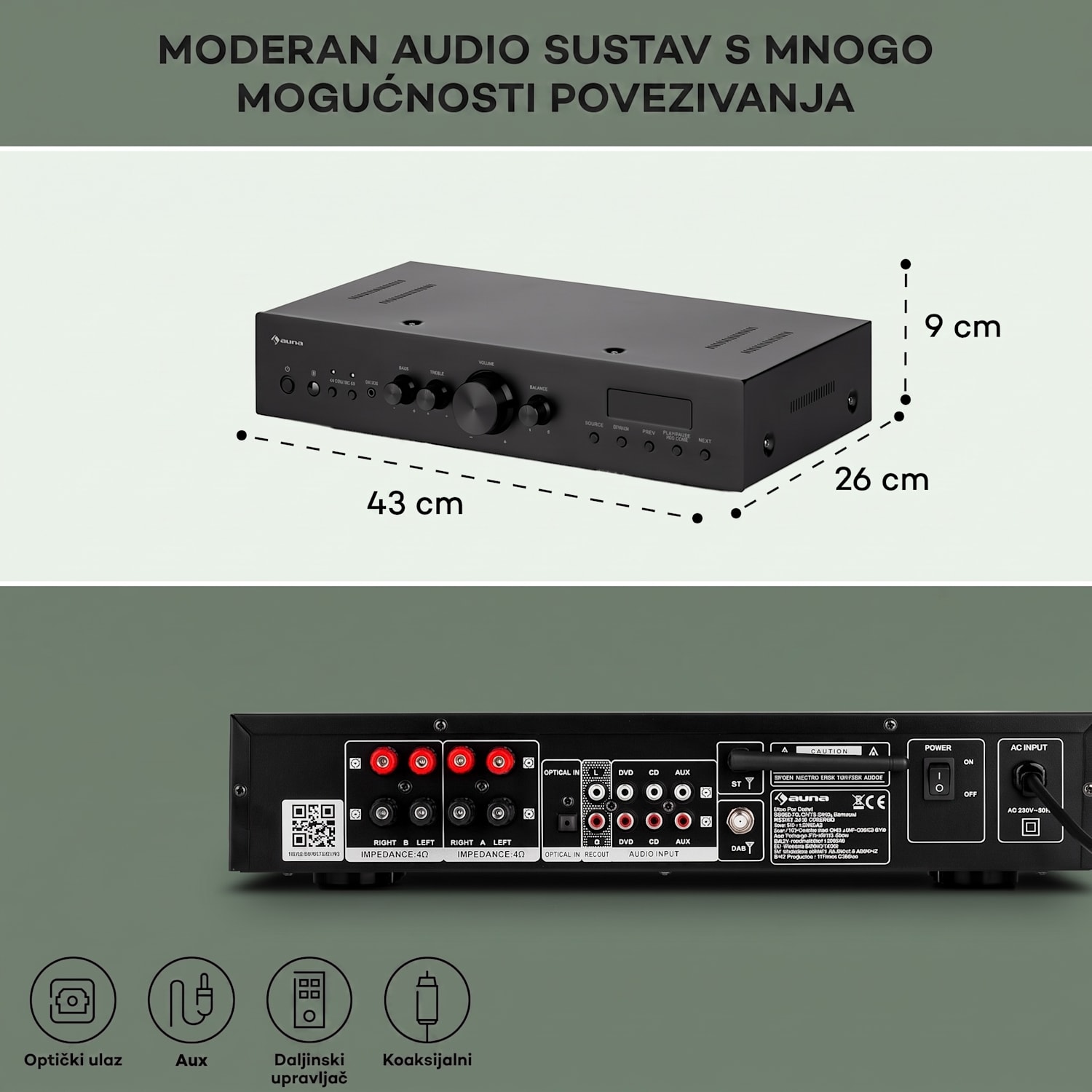 AMP-CD608 DAB, HiFi stereo pojačalo, 4 x 100 W, RMS, DAB + BT, optički ulaz, daljinski upravljač Crna