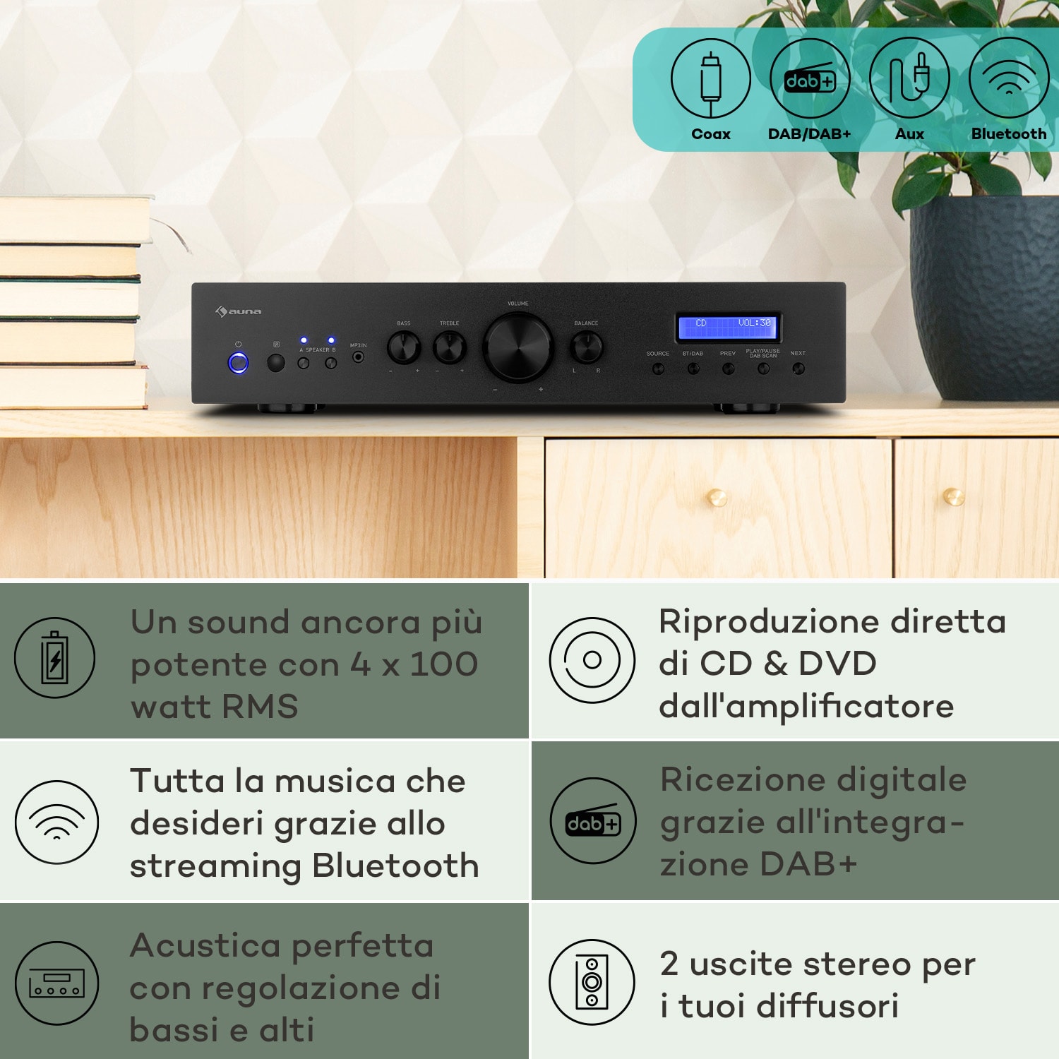 AMP-CD608 DAB, amplificatore stereo HiFi, 4x100W, RMS, DAB+, BT, ingresso ottico, telecomando 