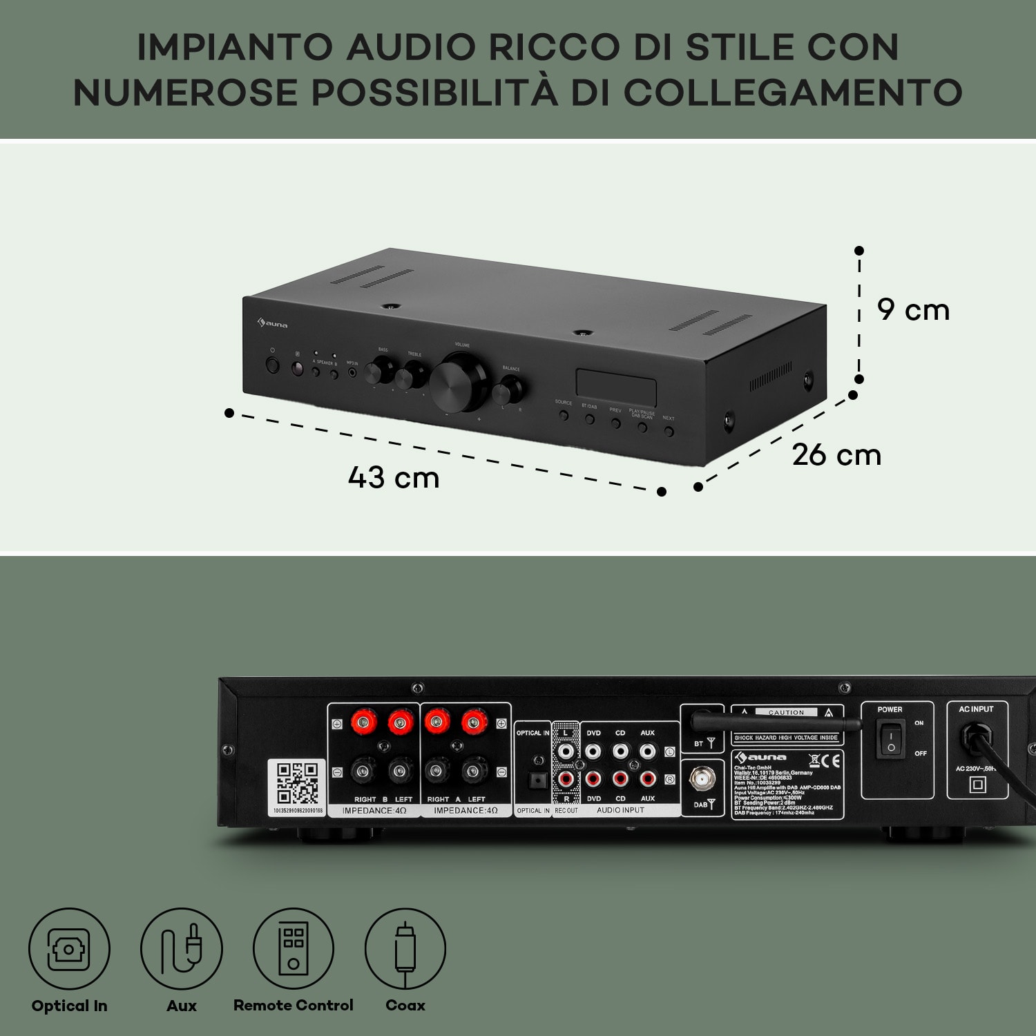AMP-CD608 DAB, amplificatore stereo HiFi, 4x100W, RMS, DAB+, BT, ingresso ottico, telecomando 