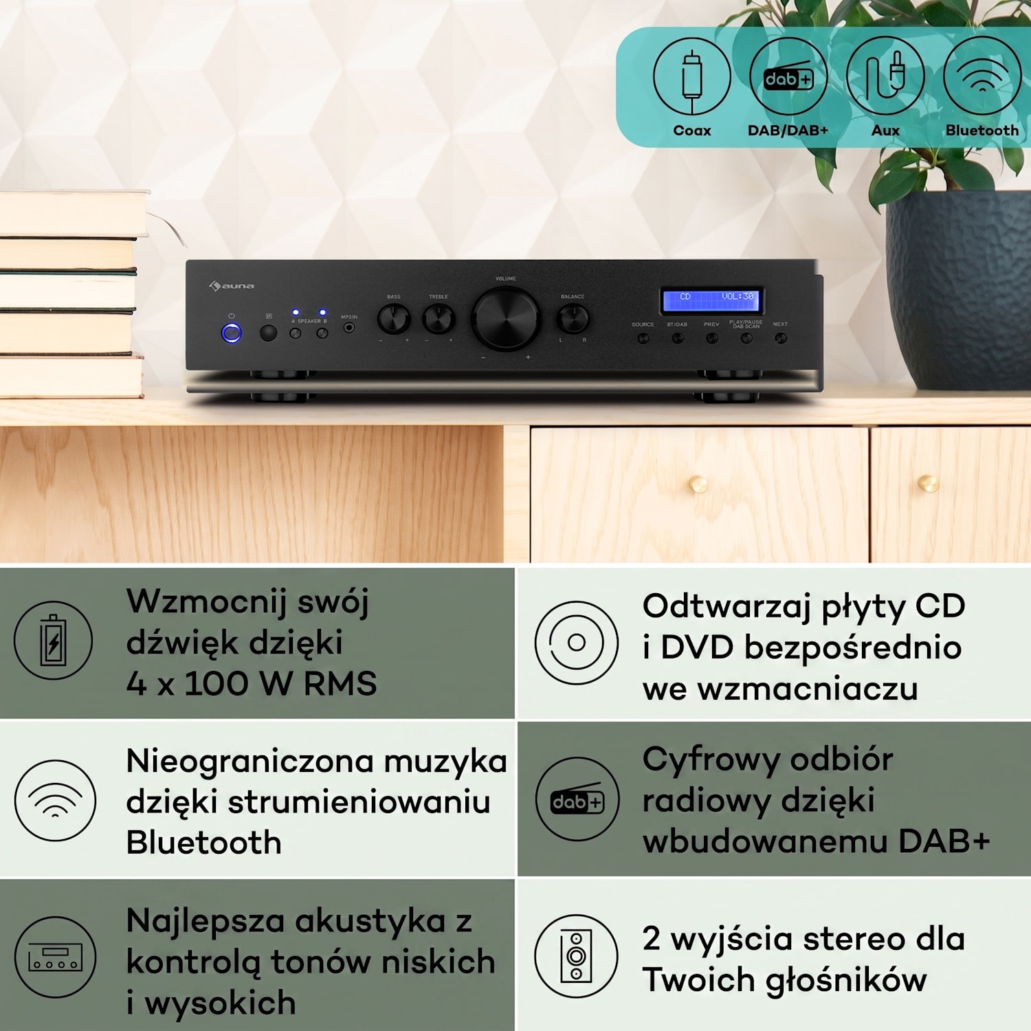 AMP-CD608 DAB, wzmacniacz stereo Hi-Fi, 4 x 100 W RMS, DAB+, Bluetooth, wejście optyczne, pilot zdalnego sterowania Czarny