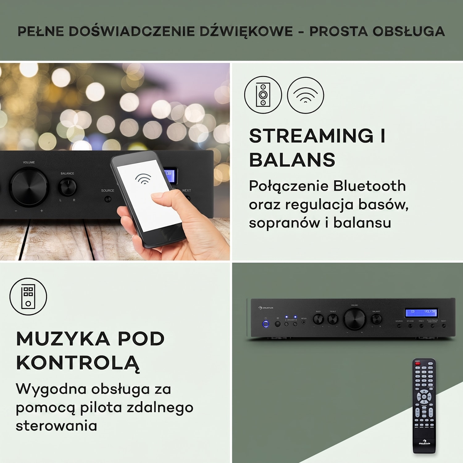 AMP-CD608 DAB, wzmacniacz stereo Hi-Fi, 4 x 100 W RMS, DAB+, Bluetooth, wejście optyczne, pilot zdalnego sterowania Czarny