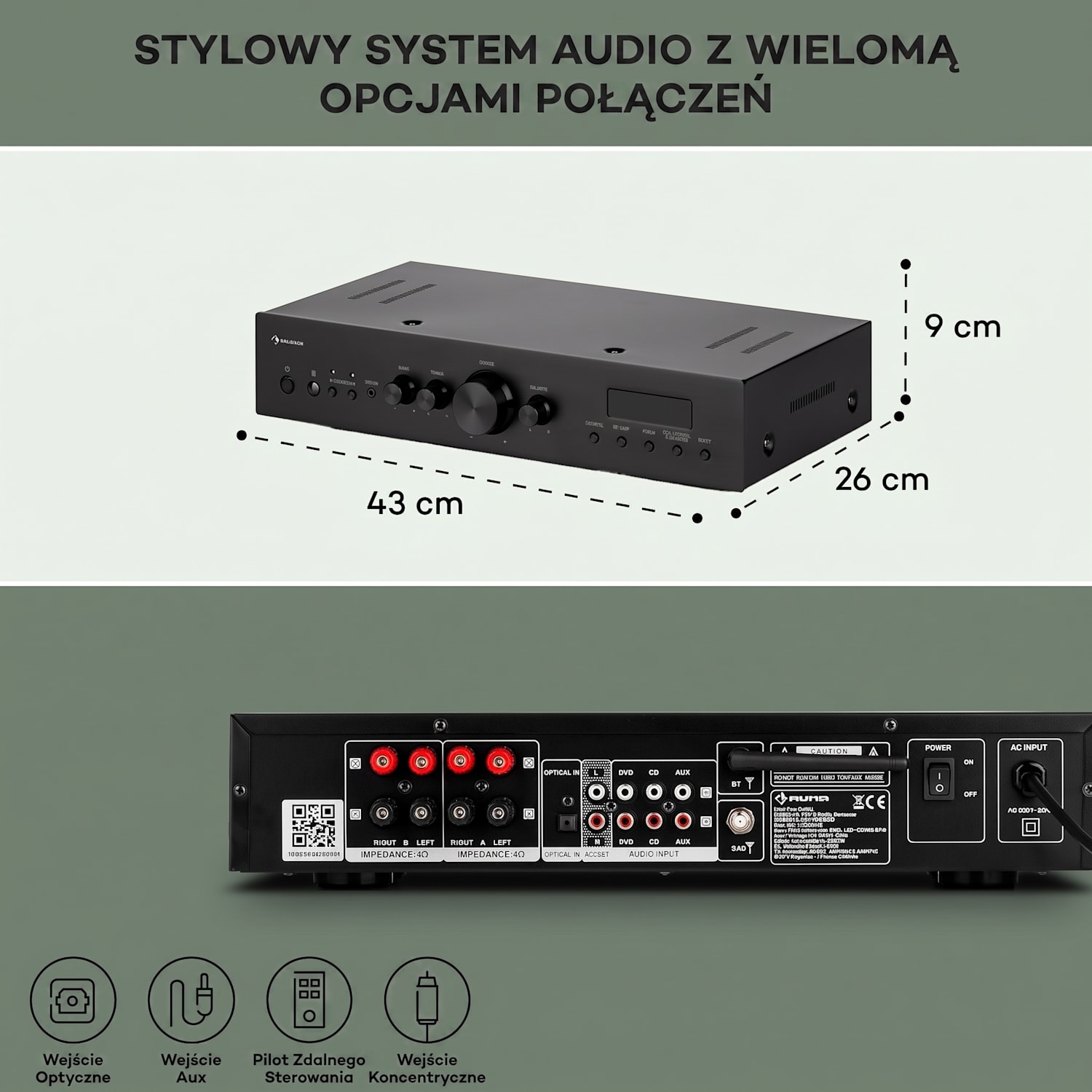 AMP-CD608 DAB, wzmacniacz stereo Hi-Fi, 4 x 100 W RMS, DAB+, Bluetooth, wejście optyczne, pilot zdalnego sterowania Czarny