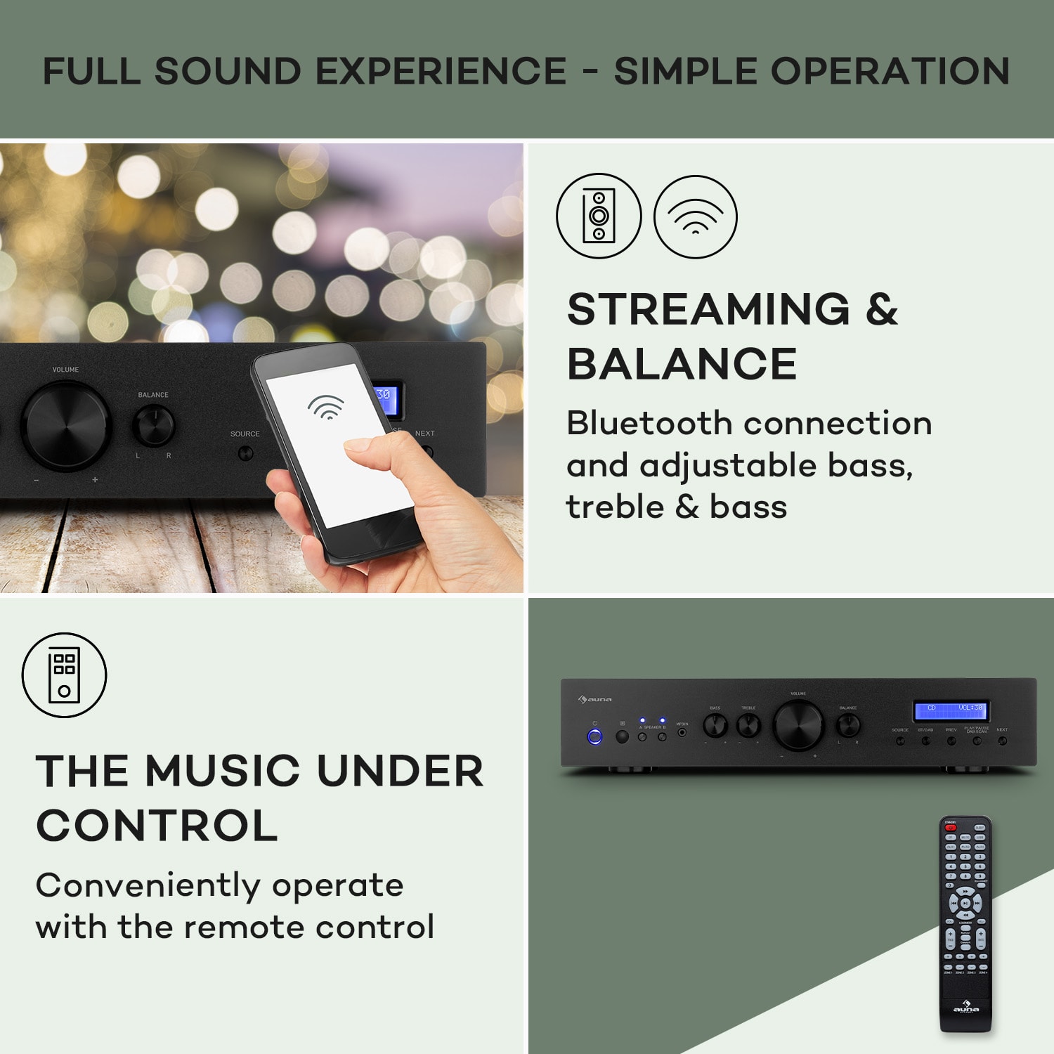 AMP-CD608 DAB, HiFi sztereó erősítő, 4 x 100 W, RMS, DAB + BT, optikai bemenet, távirányító Fekete