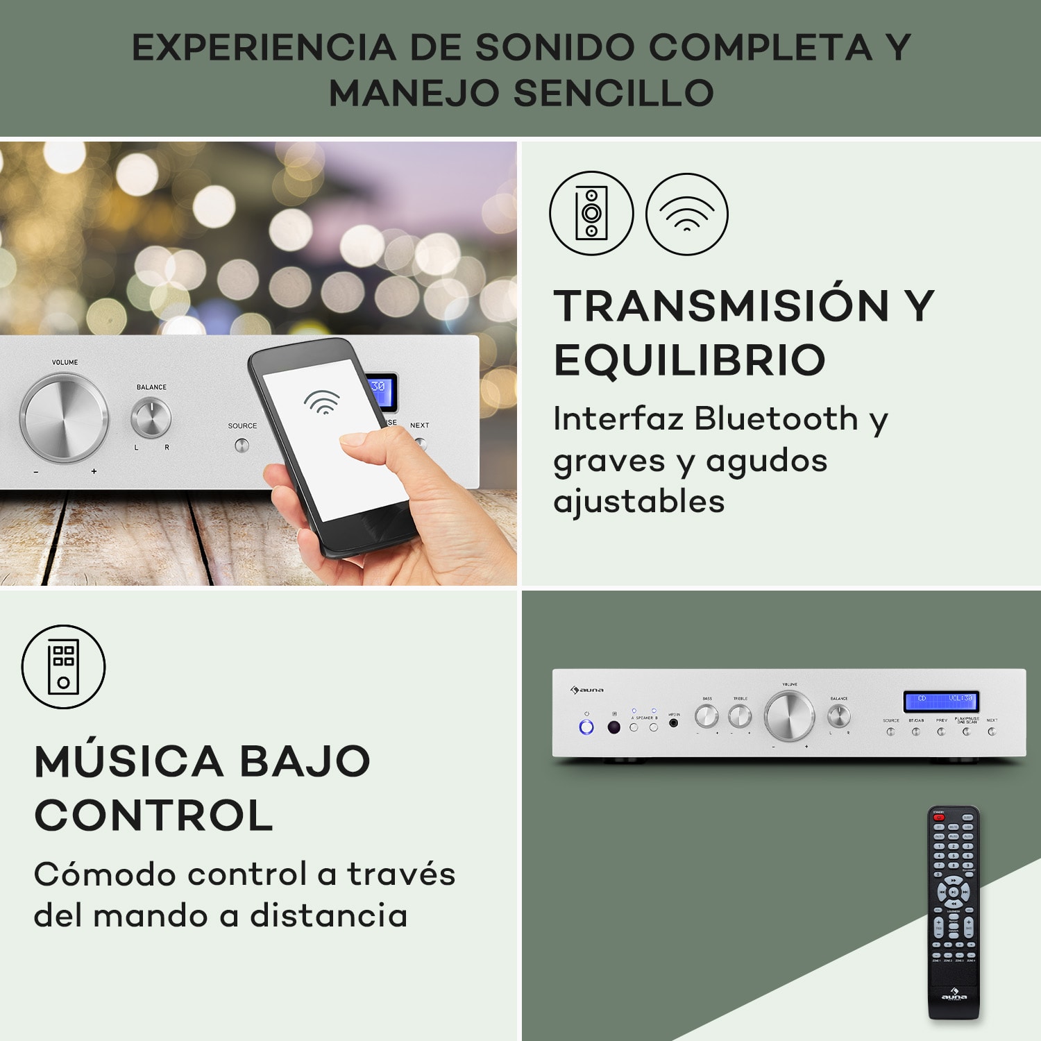 AMP-CD608 Amplificador estéreo DAB HiFi 4x100W RMS DAB+ BT Opt.-In Mando a distancia 