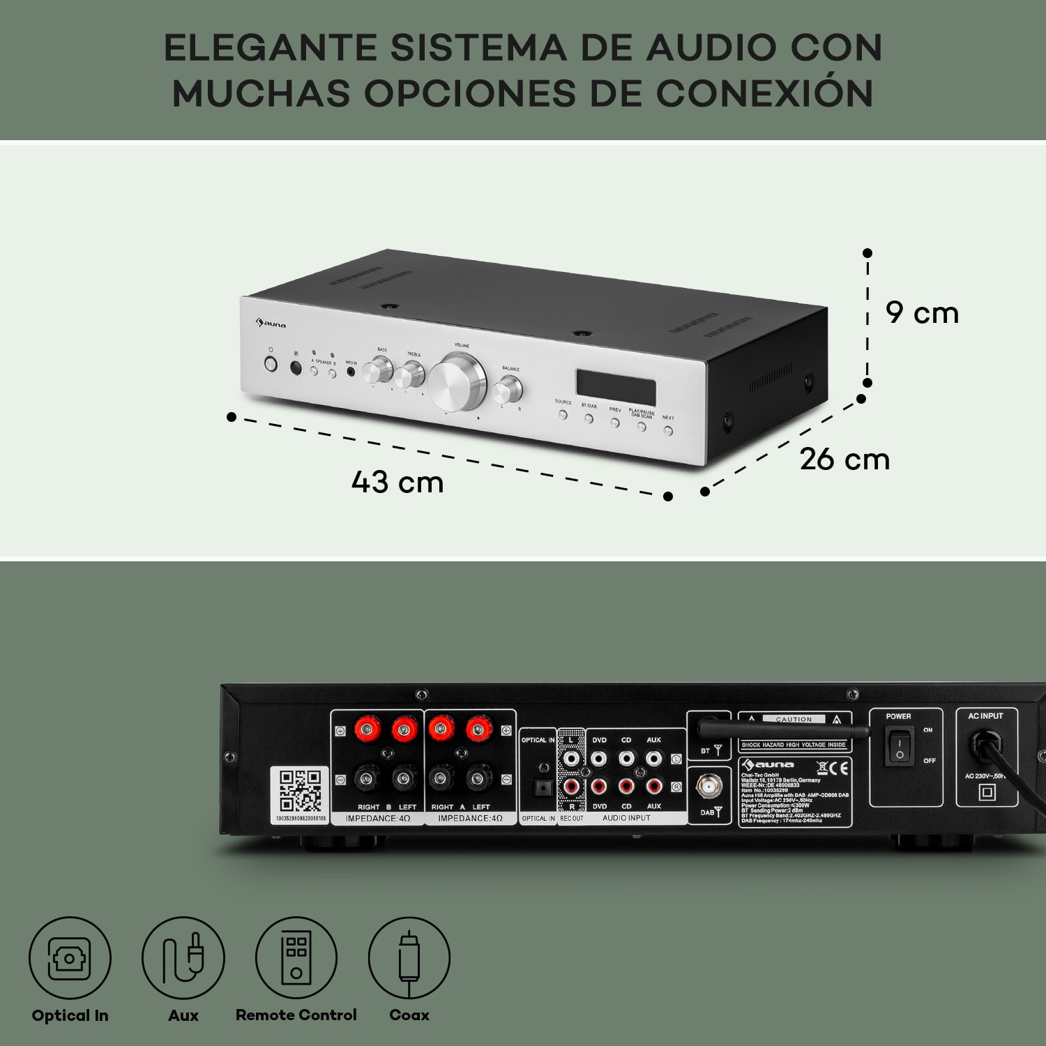 AMP-CD608 Amplificador estéreo DAB HiFi 4x100W RMS DAB+ BT Opt.-In Mando a distancia 