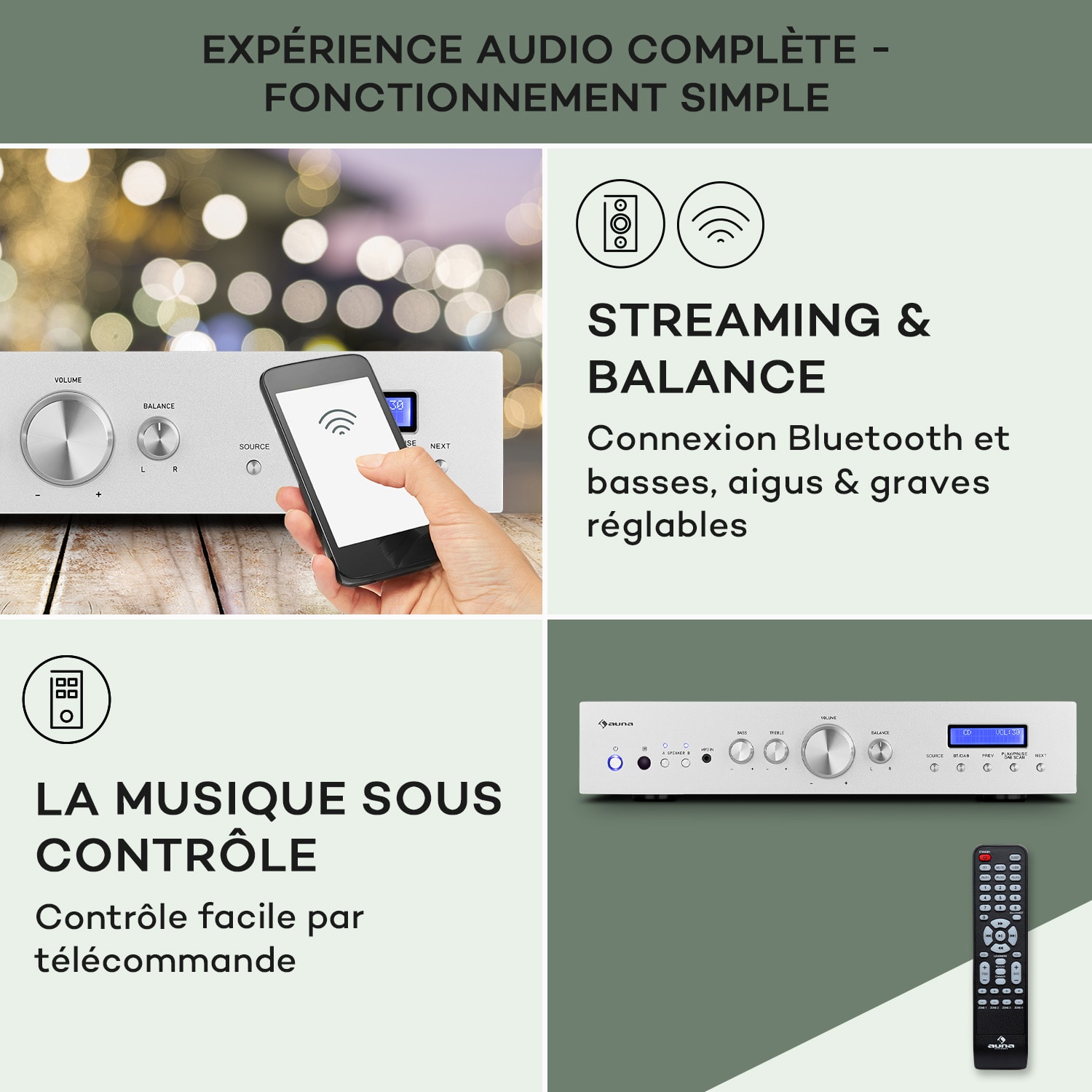 AMP-CD608 DAB amplificateur HiFi stéréo 4x100W RMS DAB+ BT entrée Optique télécommande 