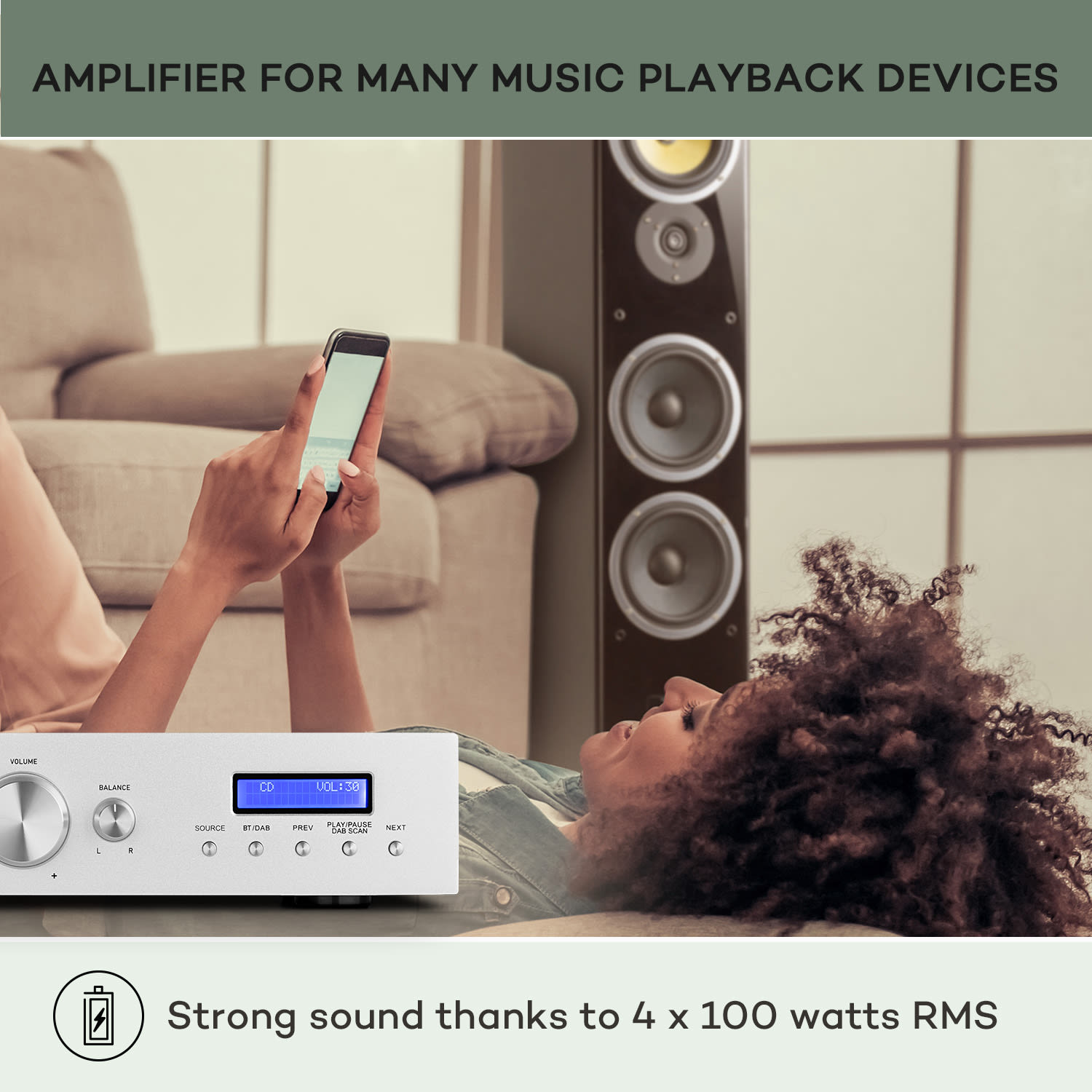 AMP-CD608 DAB, wzmacniacz stereo Hi-Fi, 4 x 100 W RMS, DAB+, Bluetooth, wejście optyczne, pilot zdalnego sterowania