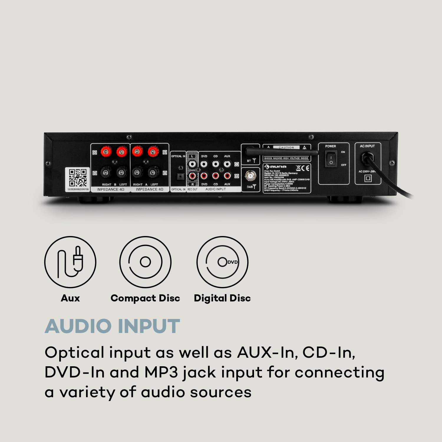 AMP-CD608 DAB, HIFI stereo zesilovač, 4x100W, RMS, DAB+BT, optický vstup, dálkový ovladač