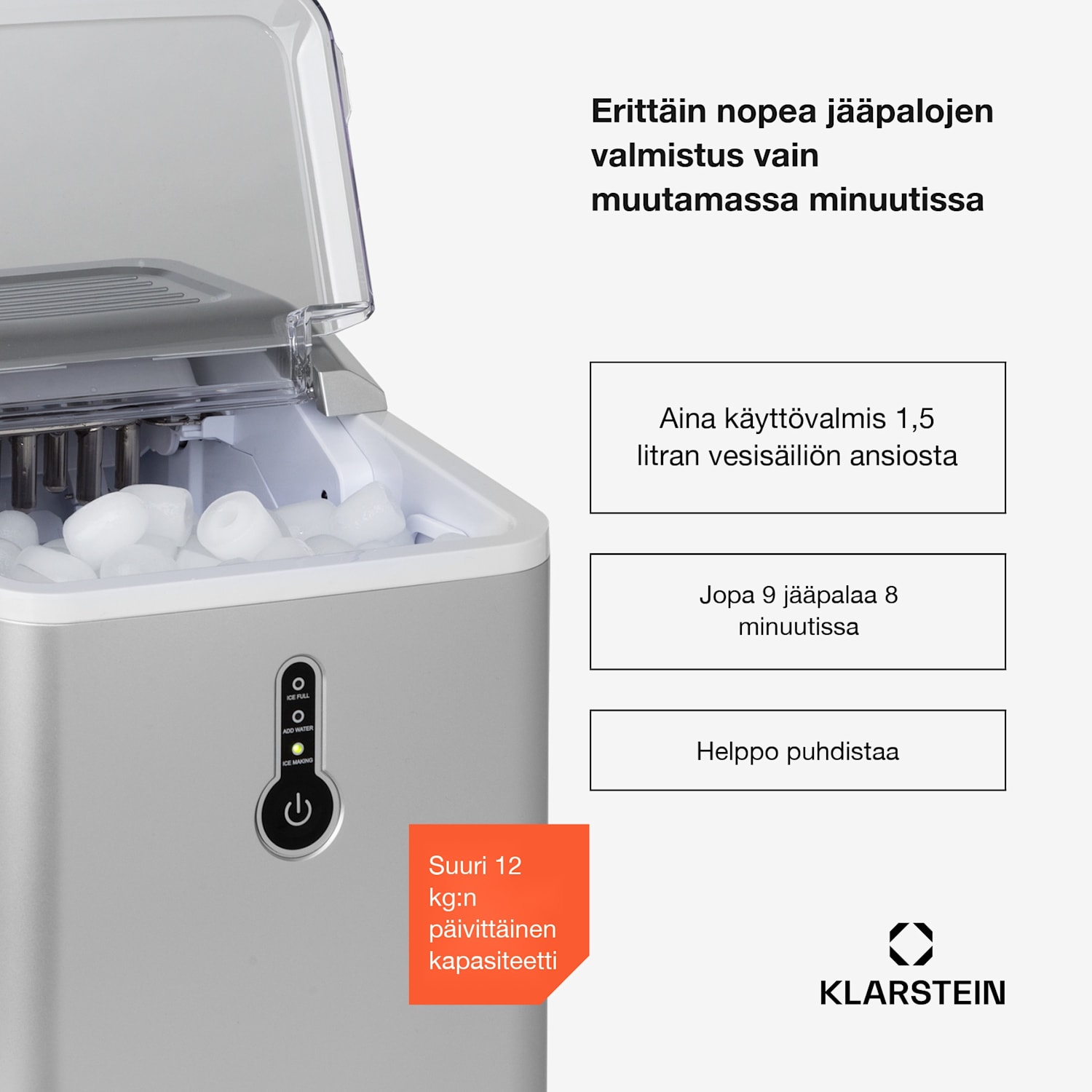 Chillout, jääpalakone, ontot jääpalat, 12 kg/24 h, vesisäiliö: 1,5 l, hopeanvärinen Hopea