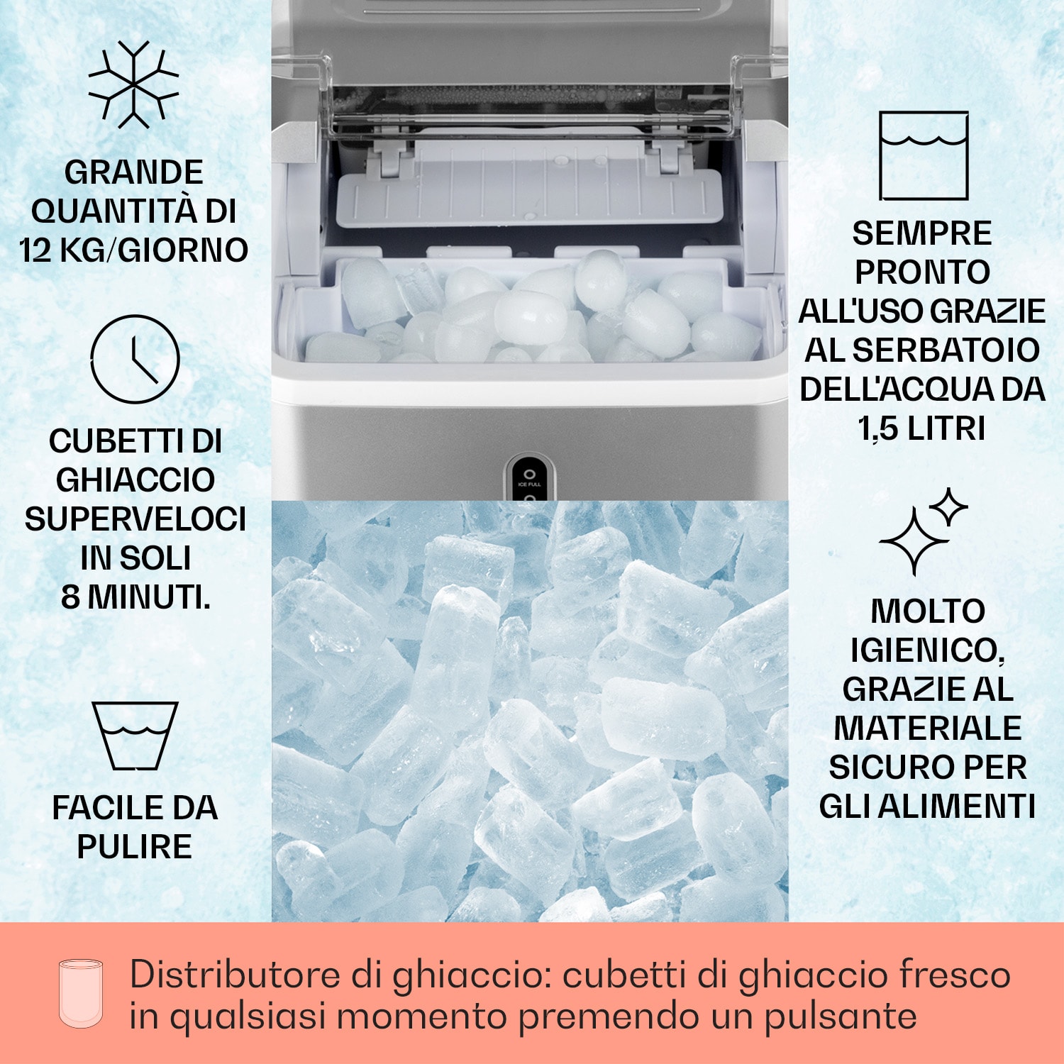 Chillout, Macchina del Ghiaccio, Cubetti a Pallottola, 12kg/24h, Serbatoio: 1,5 L, argento Argento