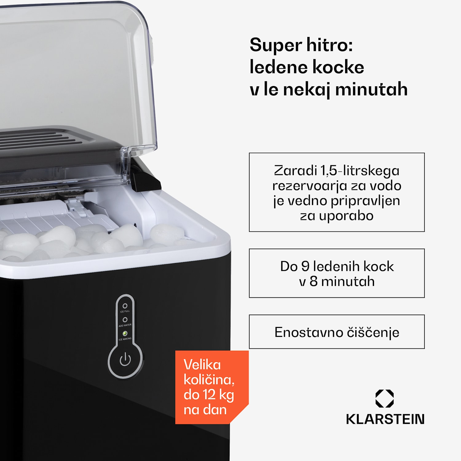 Chillout, aparat za izdelavo ledu, oble kocke ledu, 12 kg/24 h, posoda za vodo: 1,5 l, črn Črna