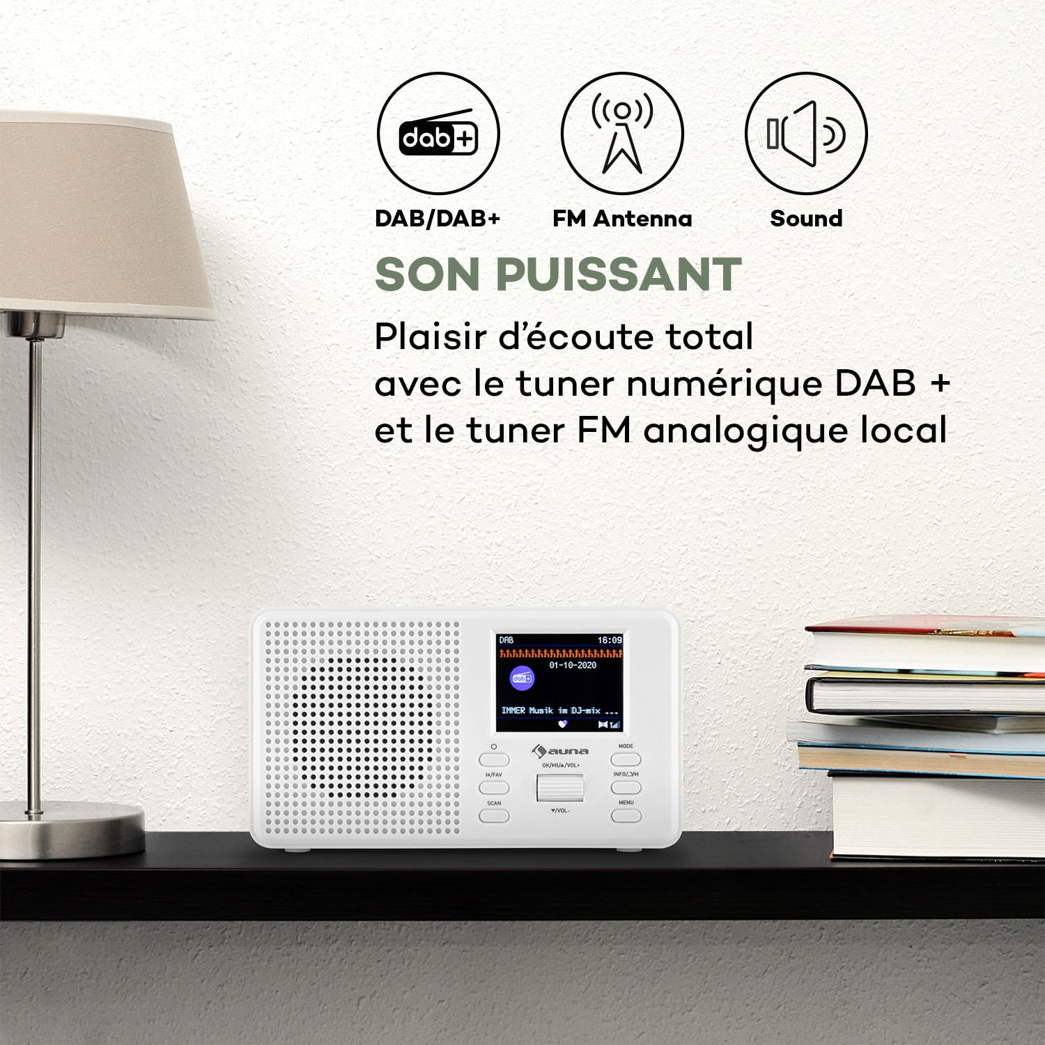Commuter radio numérique DAB+/FM AUX 2.4" écran TFT blanche Mono | Blanc