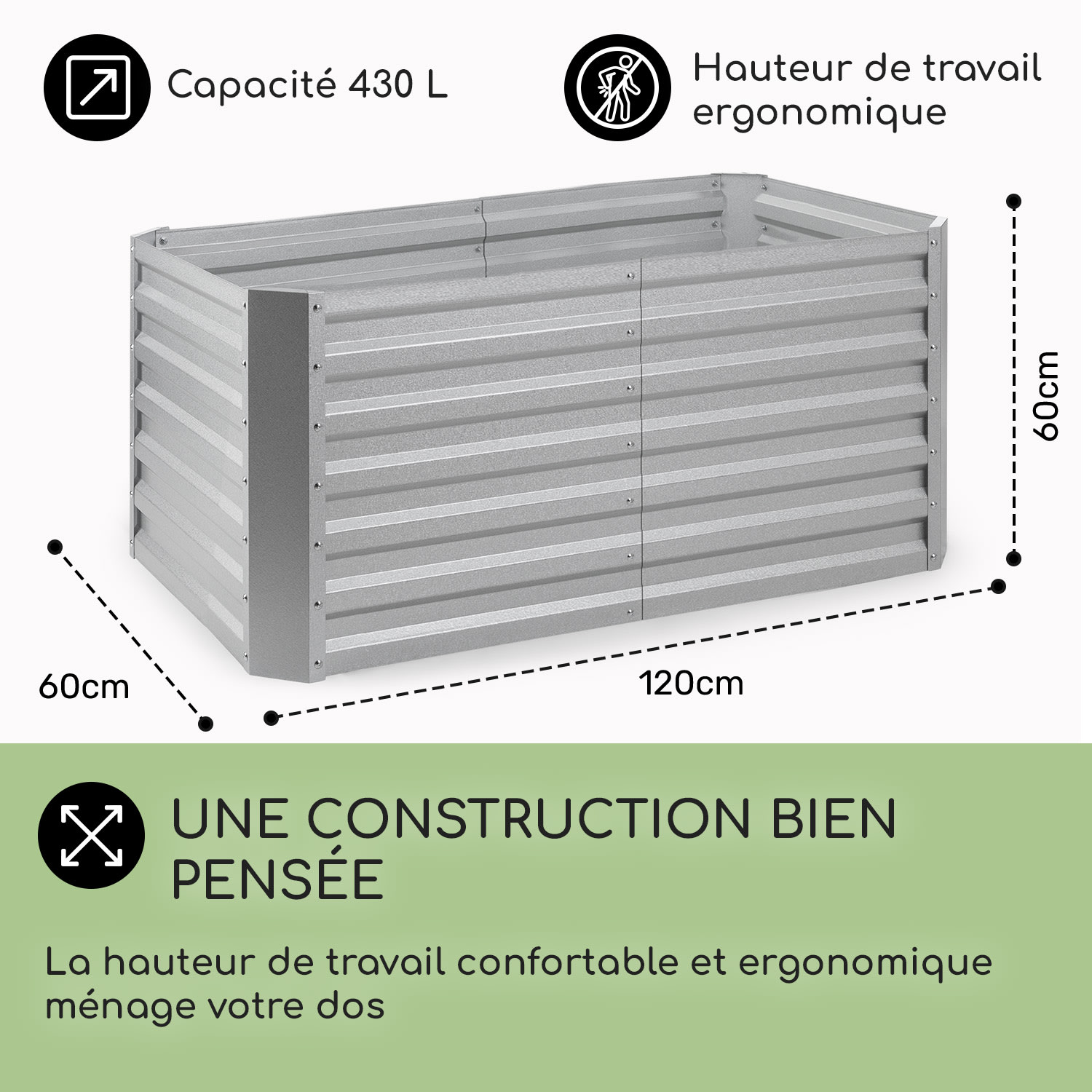 Blum High Grow Straight potager surélevé 120x60x60cm 432l acier 120 x 60 x 60 cm | Argent