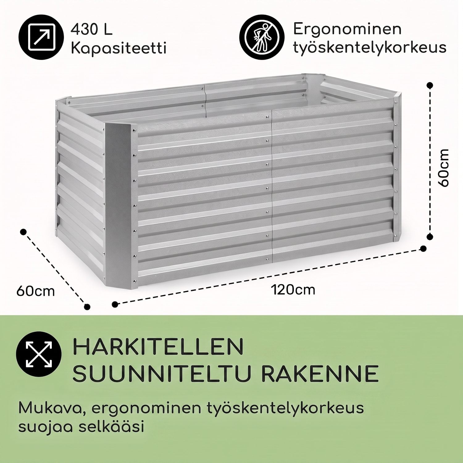 High Grow Straight korotettu viljelylaatikko 120x60x60cm 432l teräs 120 x 60 x 60 cm | Hopea
