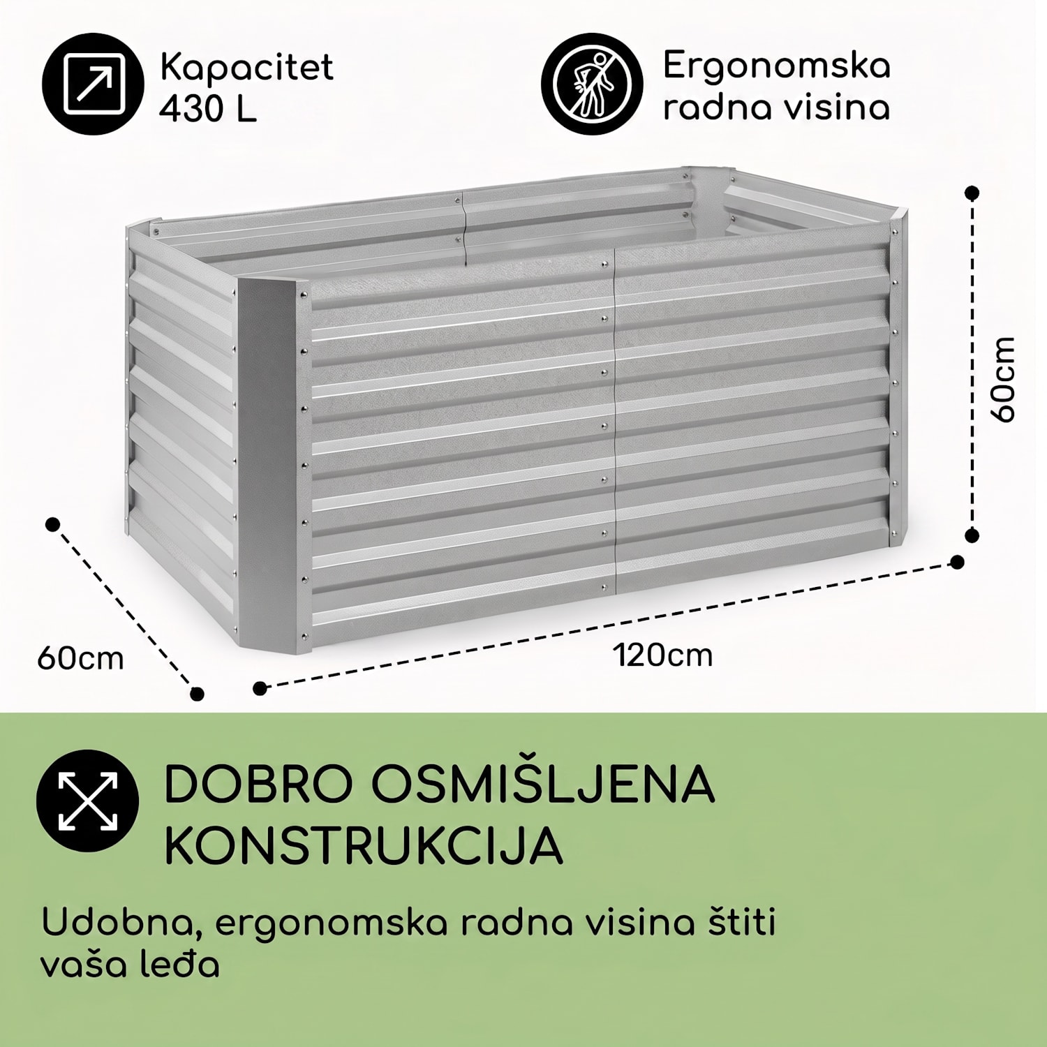 Blumfeldt, High Grow Straight, povišena žardinjera, 120 x 60 x 60cm, 432 l, čelik 120 x 60 x 60 cm | Srebro