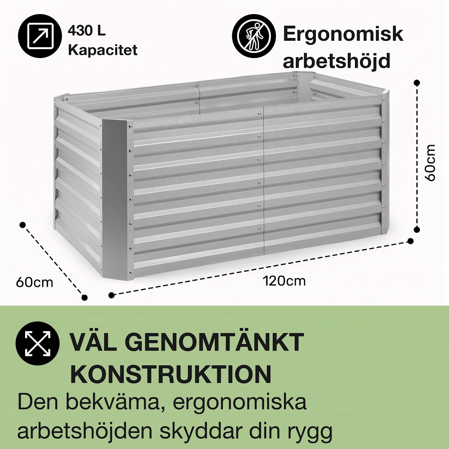 High Grow Straight Höj- och sänkbart odlingsbord 120x60x60cm 432l stål 120 x 60 x 60 cm | Silver