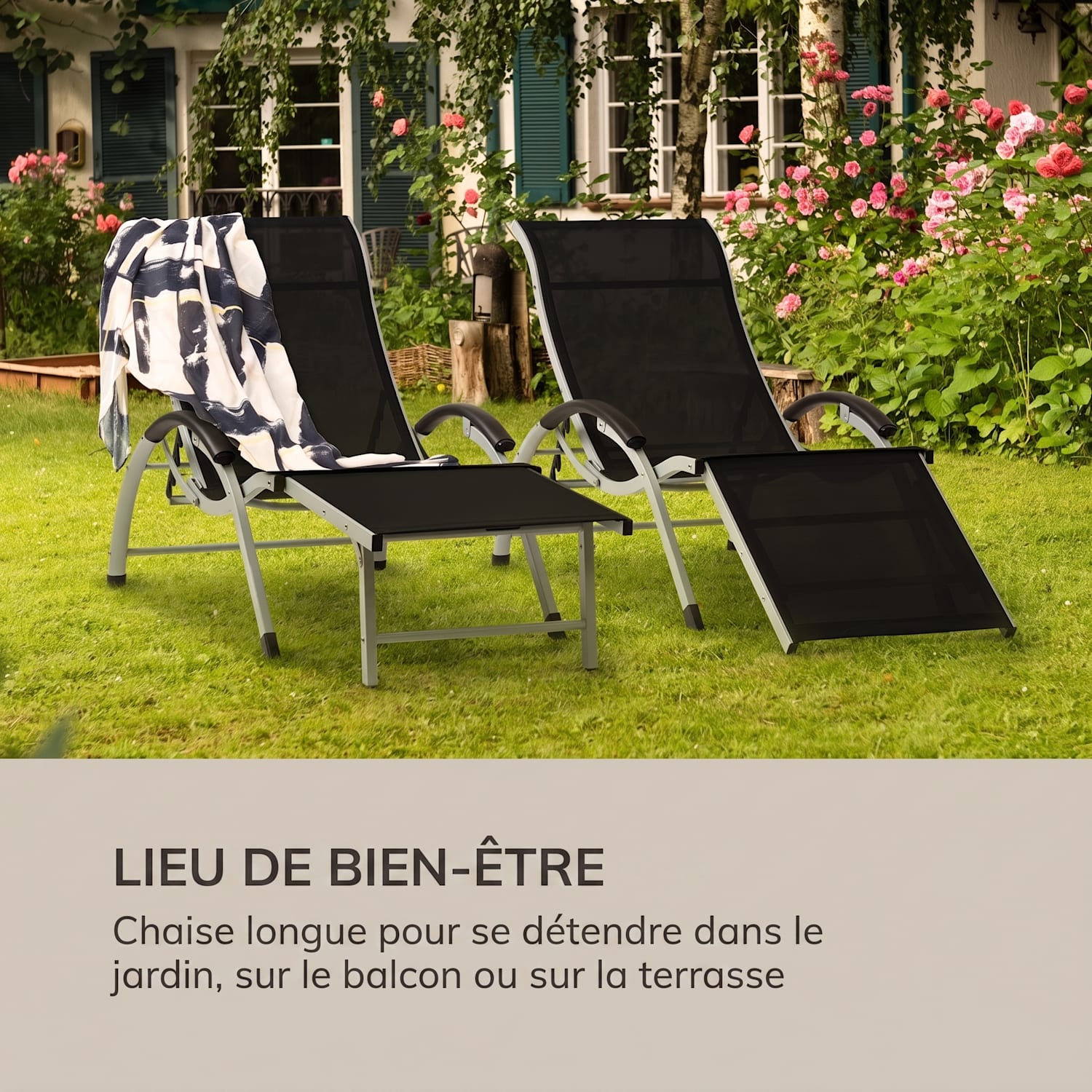 Sunnyvale chaise longue avec repose-pieds en aluminium 4 marches Noir