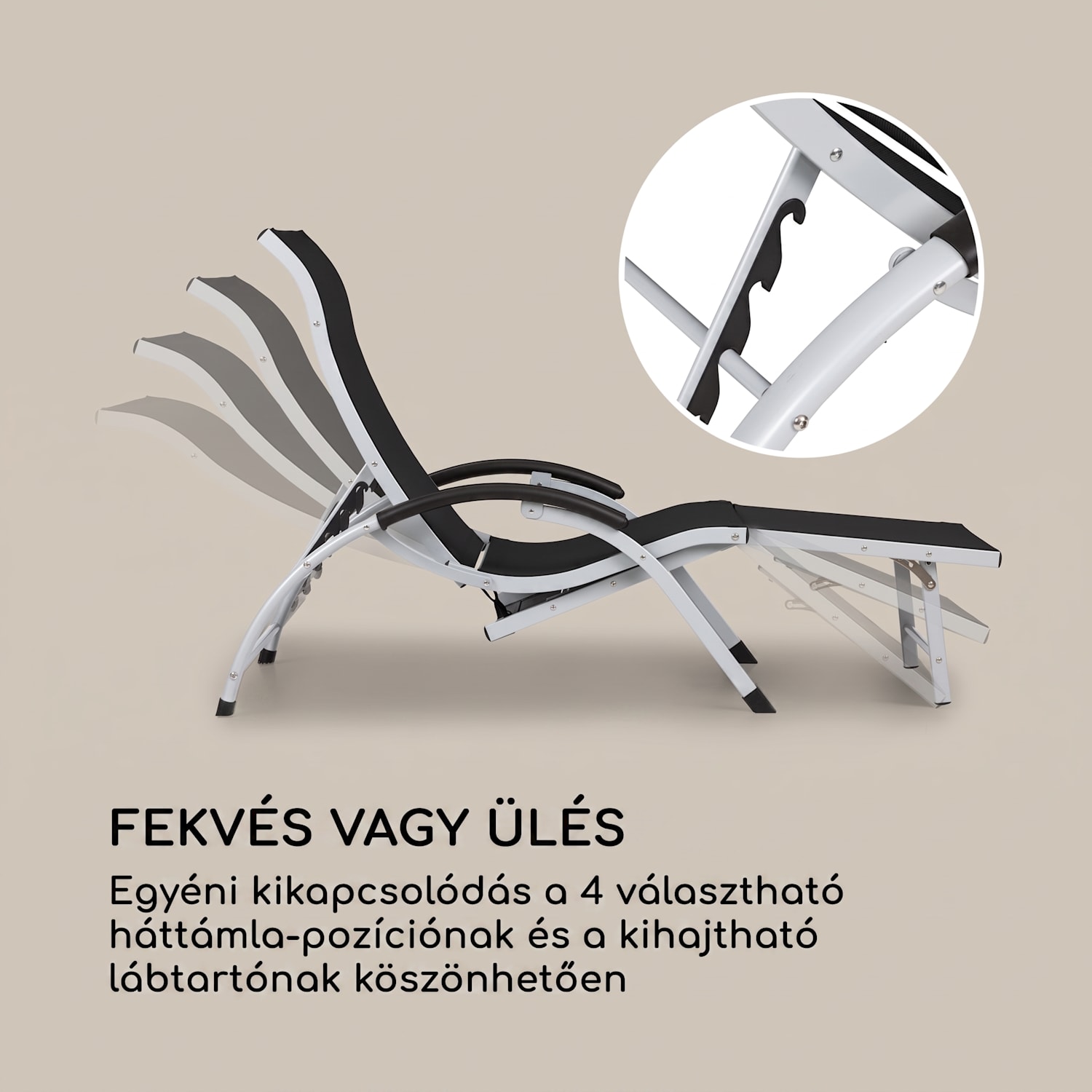 Sunnyvale, nyugágy lábtartóval, alumínium, 4 szint Fekete