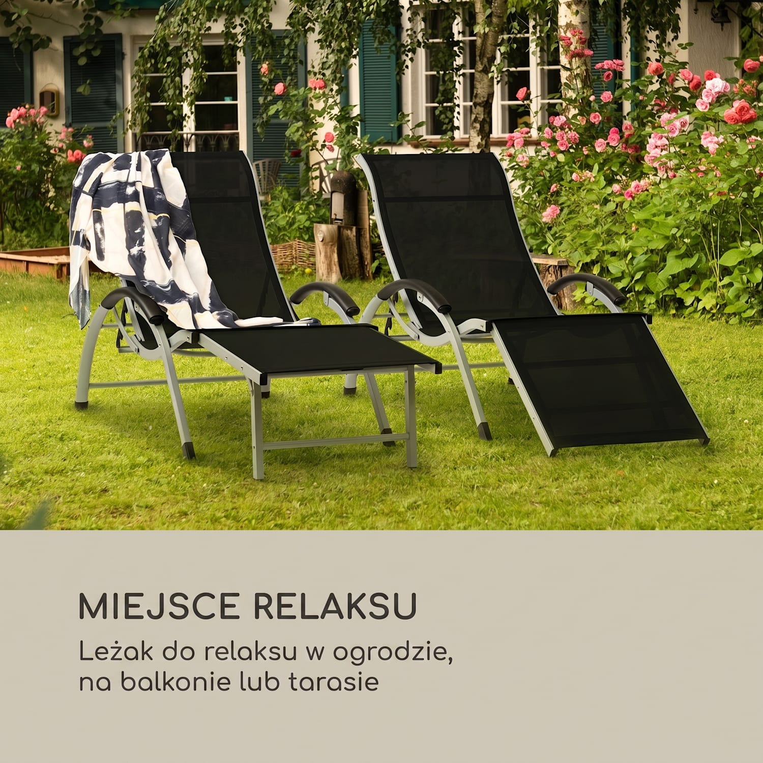 Sunnyvale, leżak ogrodowy z podnóżkiem, leżanka, aluminium, 4 pozycje Czarny