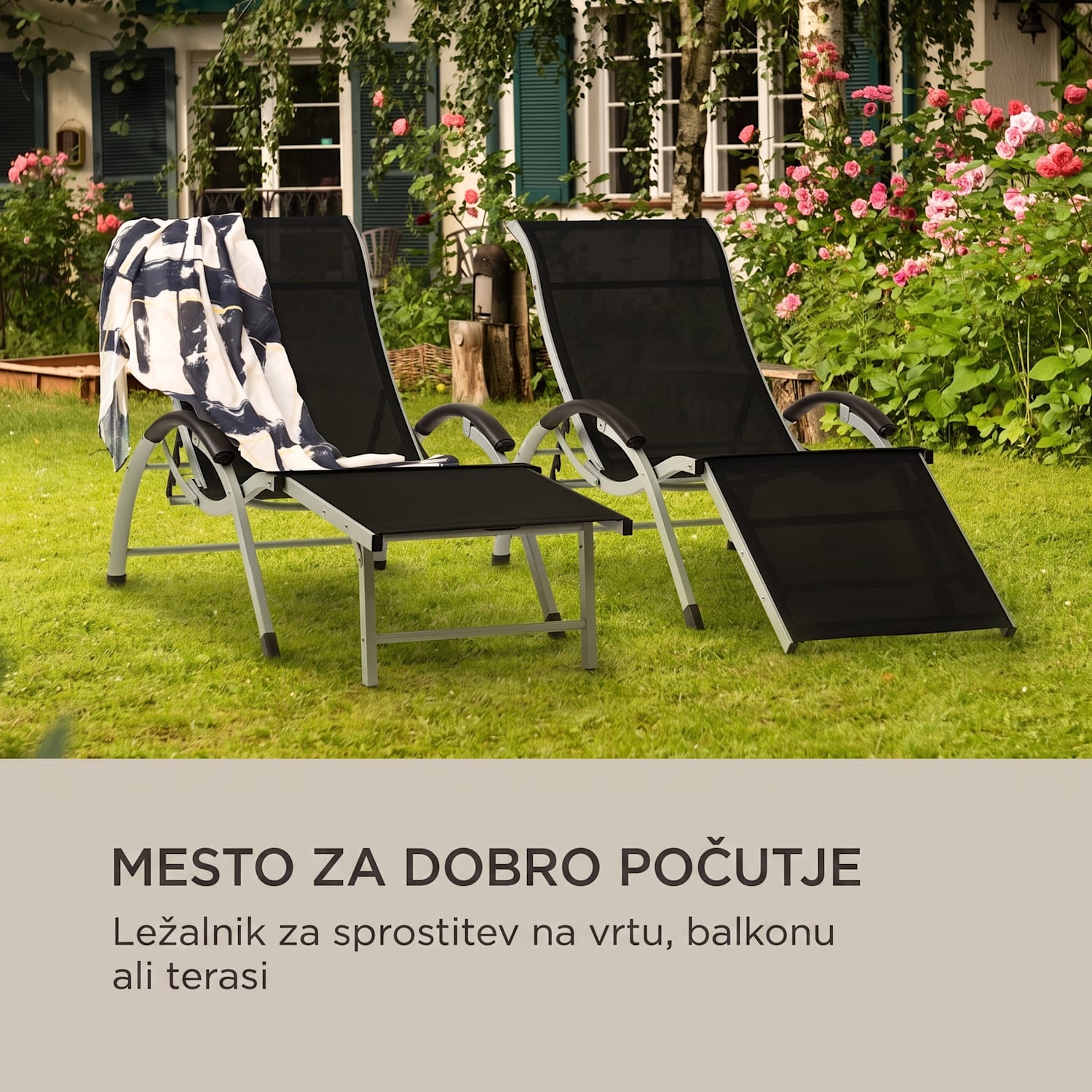 Sunnyvale, ležalnik z naslonom za noge, aluminij, 4 nivoji Črna