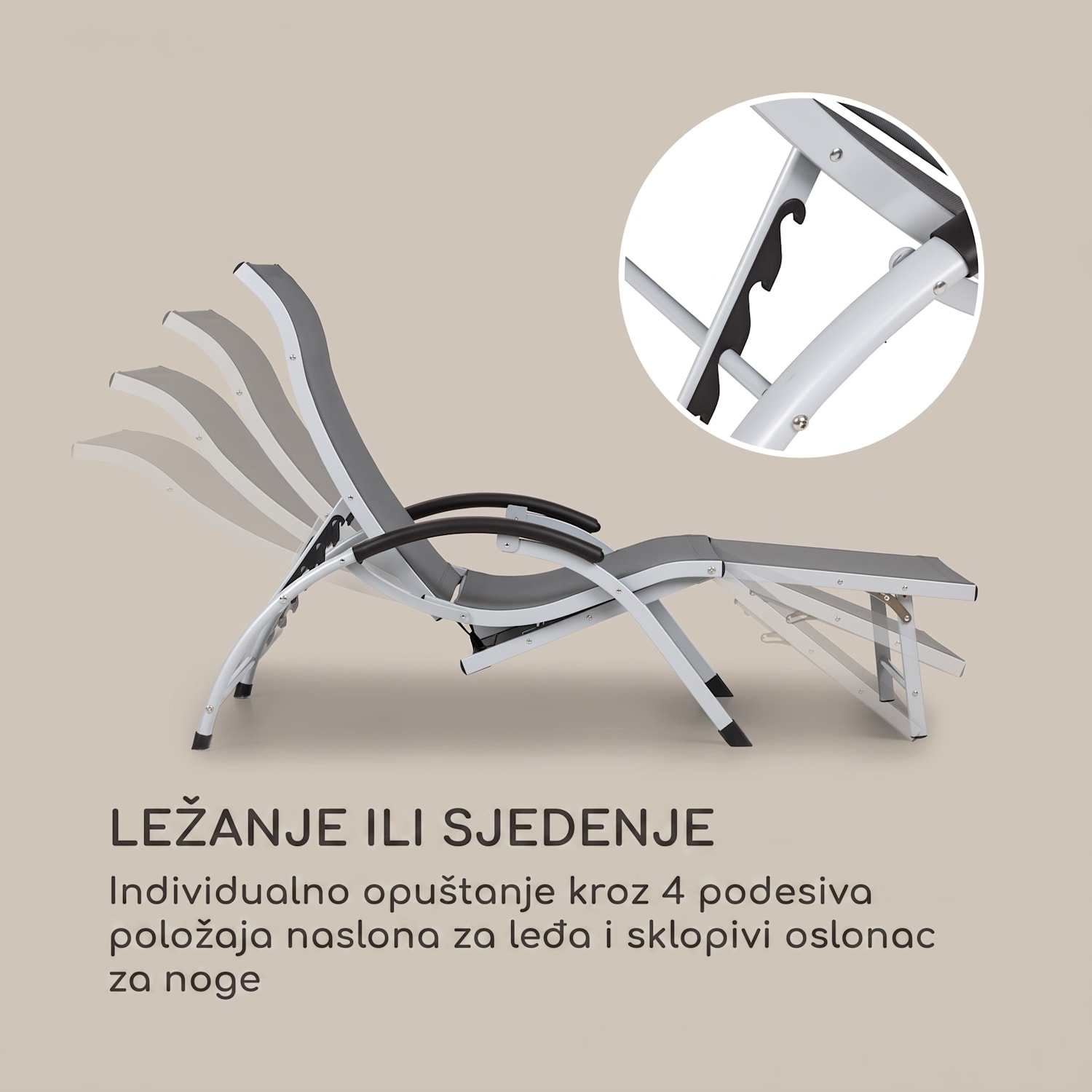 Sunnyvale, ležaljka s naslonom za noge, aluminij, 4 razine Tamno siva