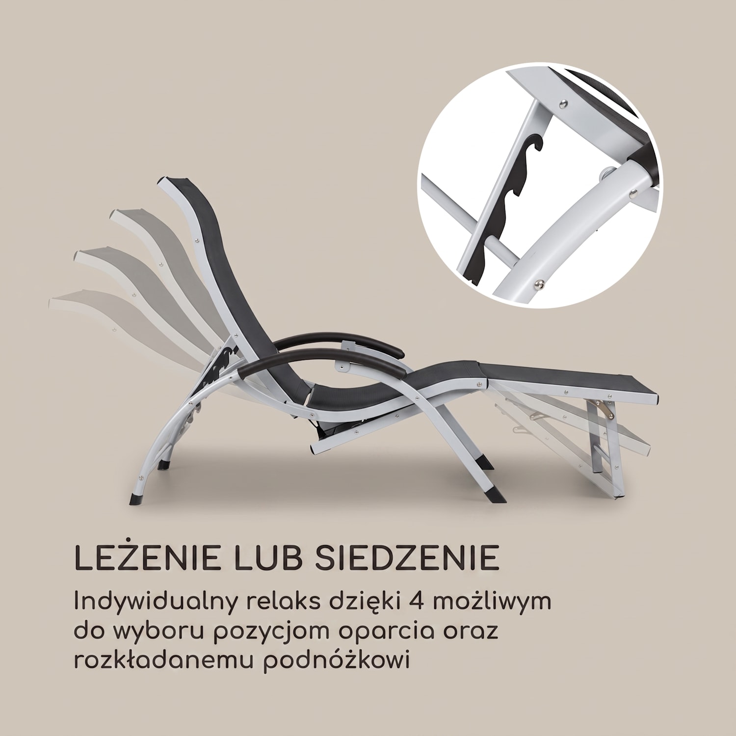 Sunnyvale, leżak ogrodowy z podnóżkiem, leżanka, aluminium, 4 pozycje Ciemnoszary