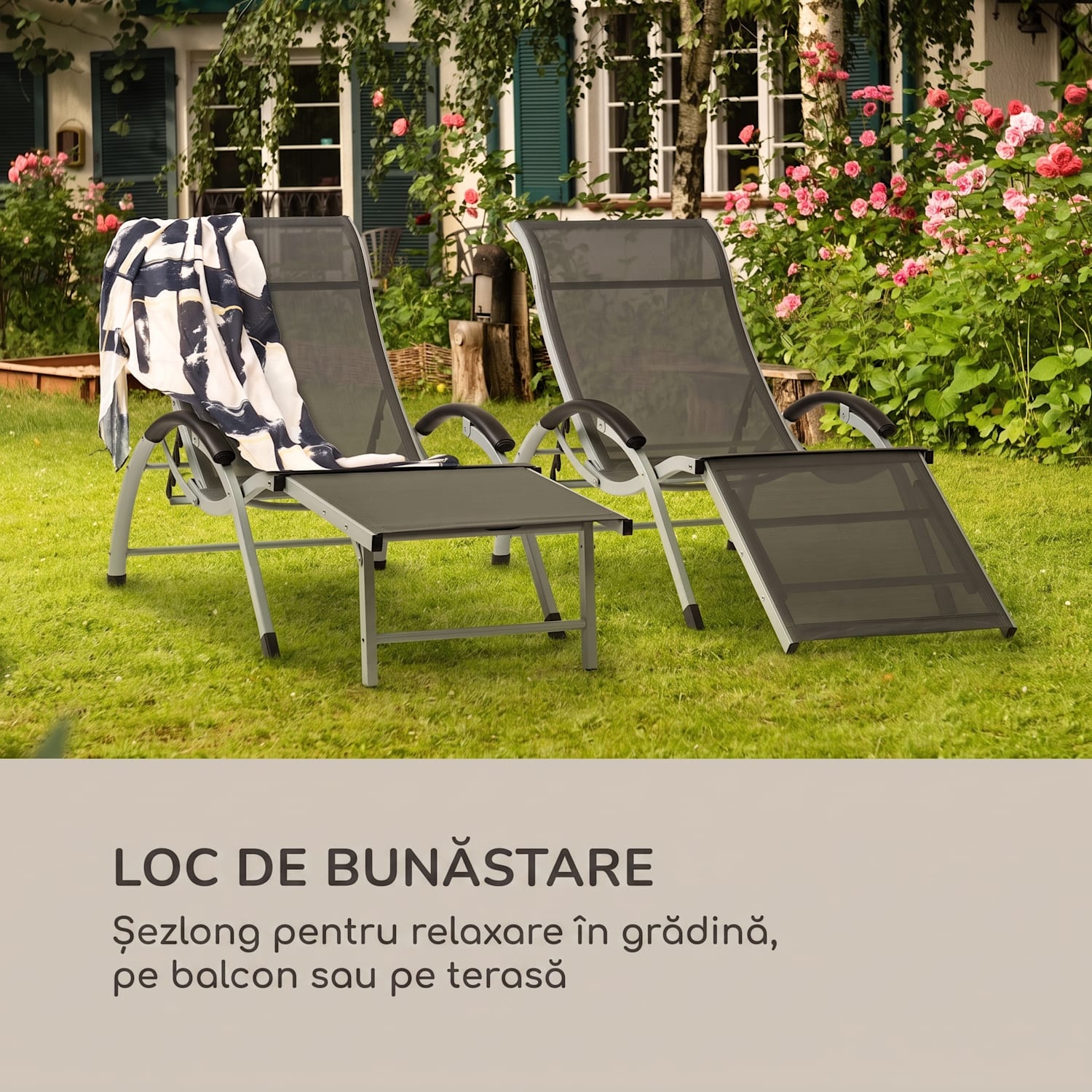 Sunnyvale, șezlong cu suport pentru picioare, aluminiu, pe 4 niveluri Gri închis