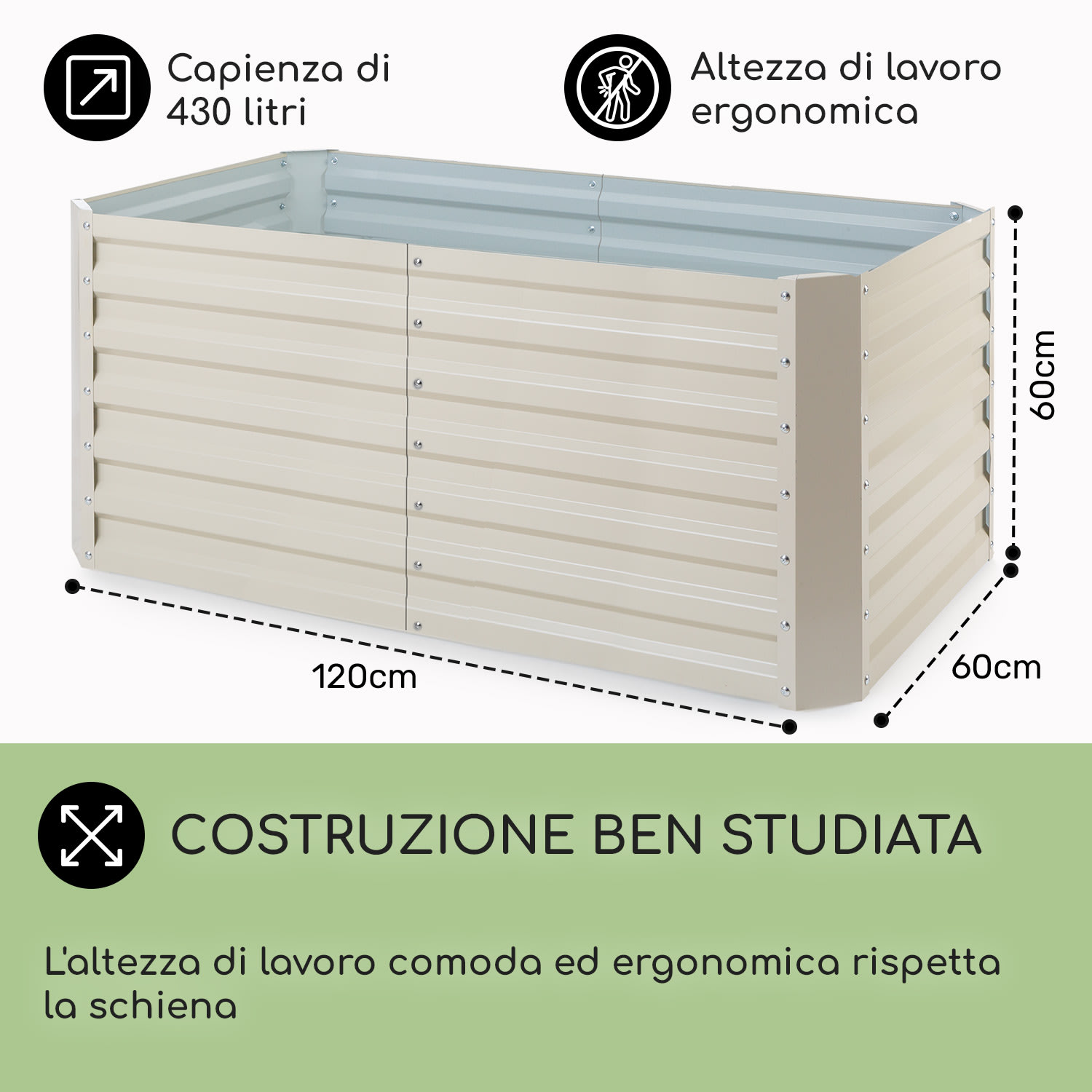 Blum High Grow Straight, Aiuola Rialzata, 120x60x60cm, 432l, Acciaio 120 x 60 x 60 cm | Crema