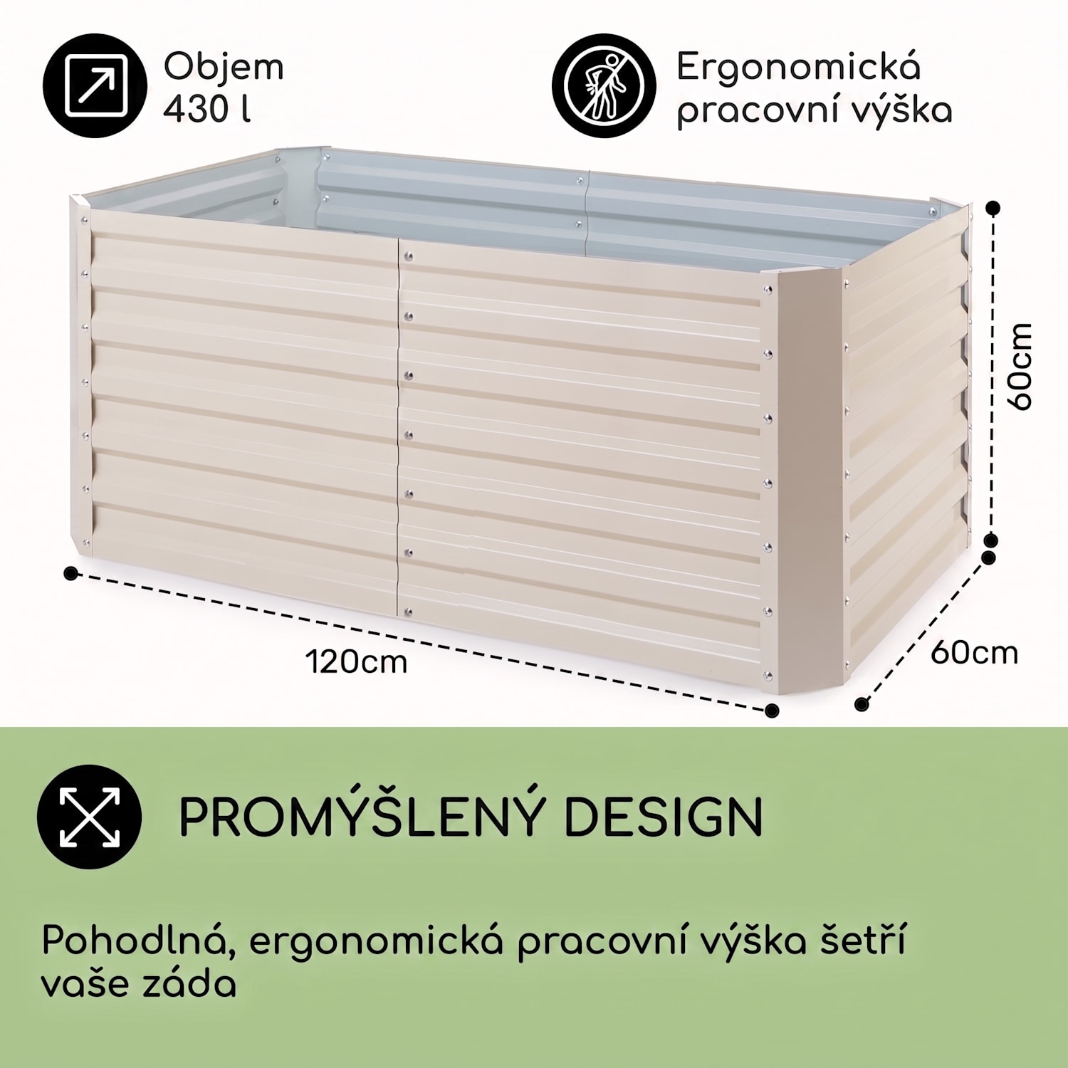 Blum High Grow Straight, vyvýšený záhon, 120 x 60 x 60 cm, 432 l, ocel 120 x 60 x 60 cm | Krémová