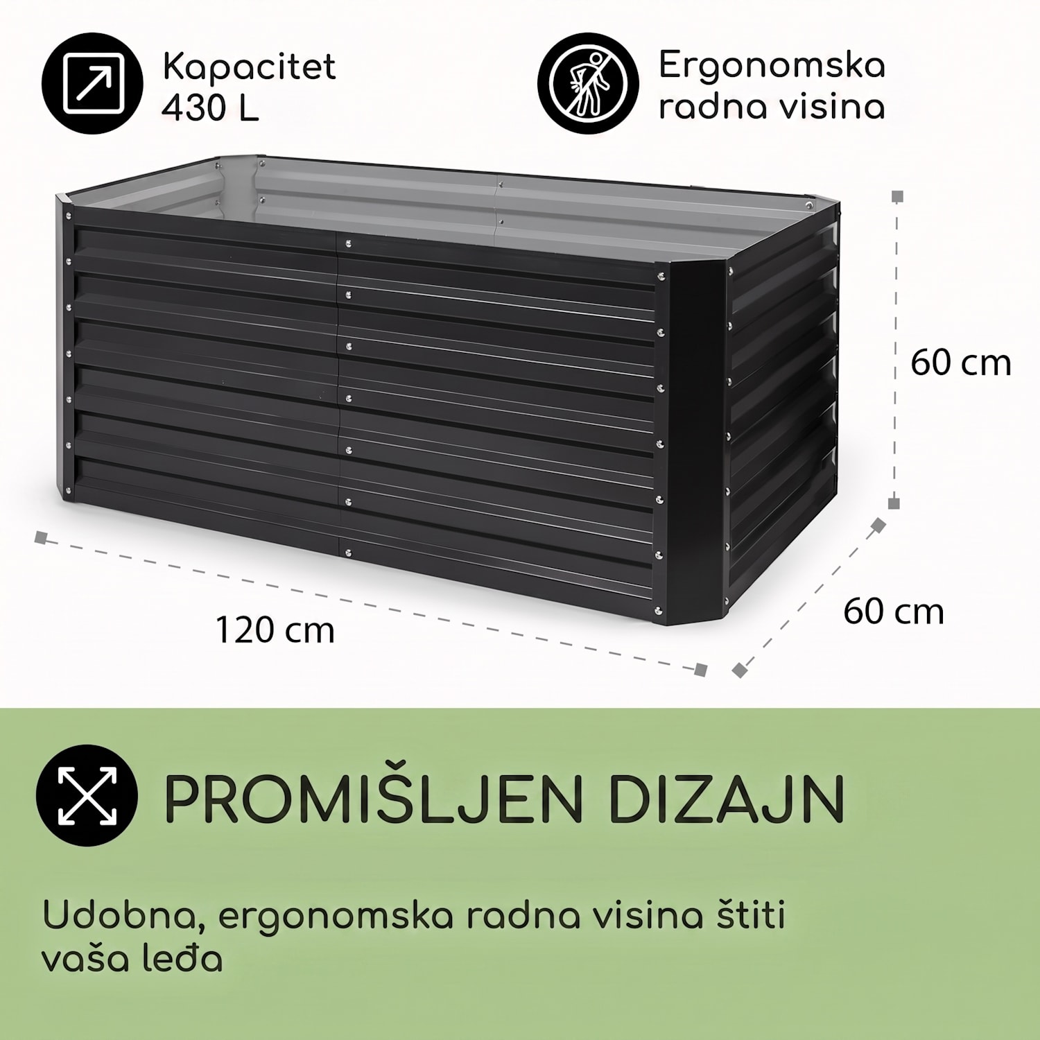 High Grow Straight, povišeni cvjetnjak, 120 x 60 x 60 cm, 432 l, čelik 120 x 60 x 60 cm | Antracit