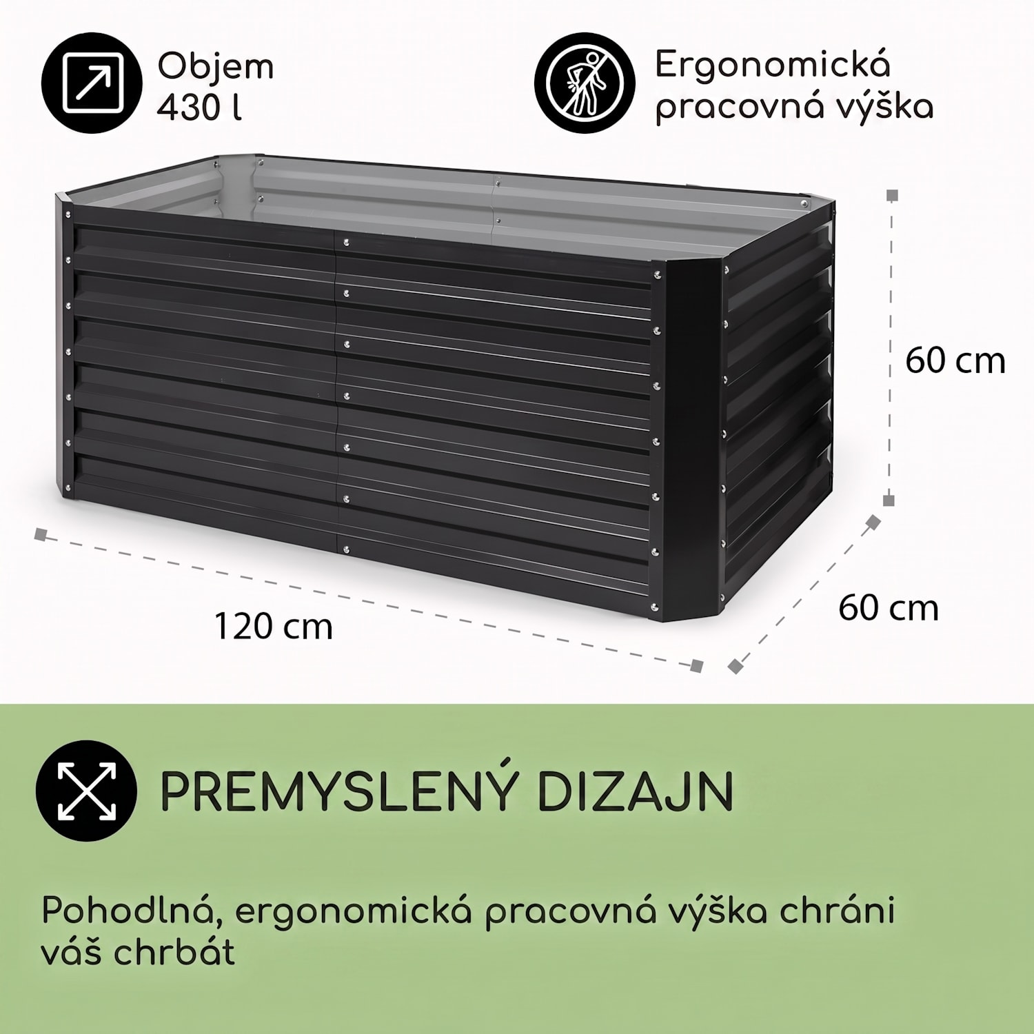High Grow Straight, vyvýšený záhon, 120 x 60 x 60 cm, 432 l, oceľ 120 x 60 x 60 cm | Antracit