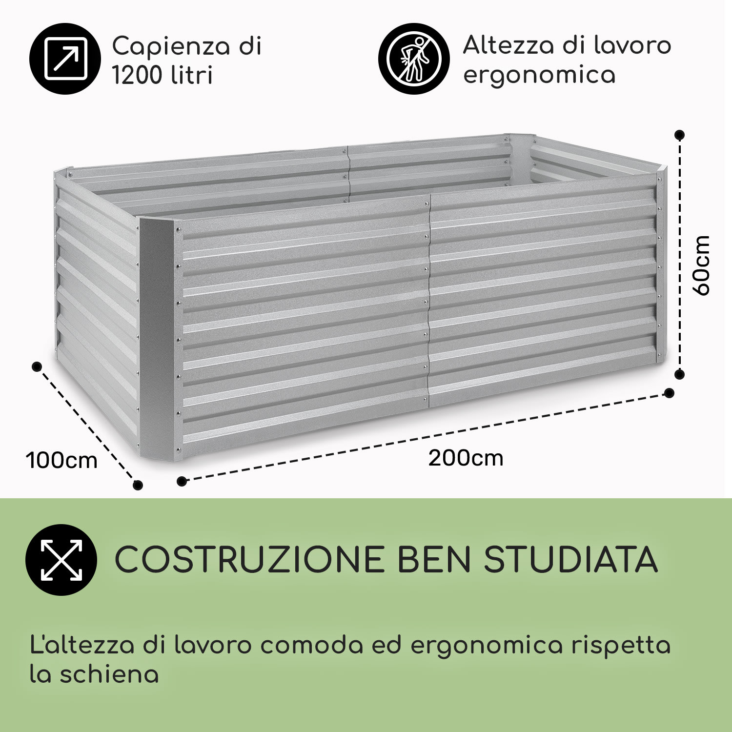 Blum High Grow Straight, fioriera rialzata, 200x60x100cm, 1200l, acciaio 200 x 100 x 60 cm | Argento