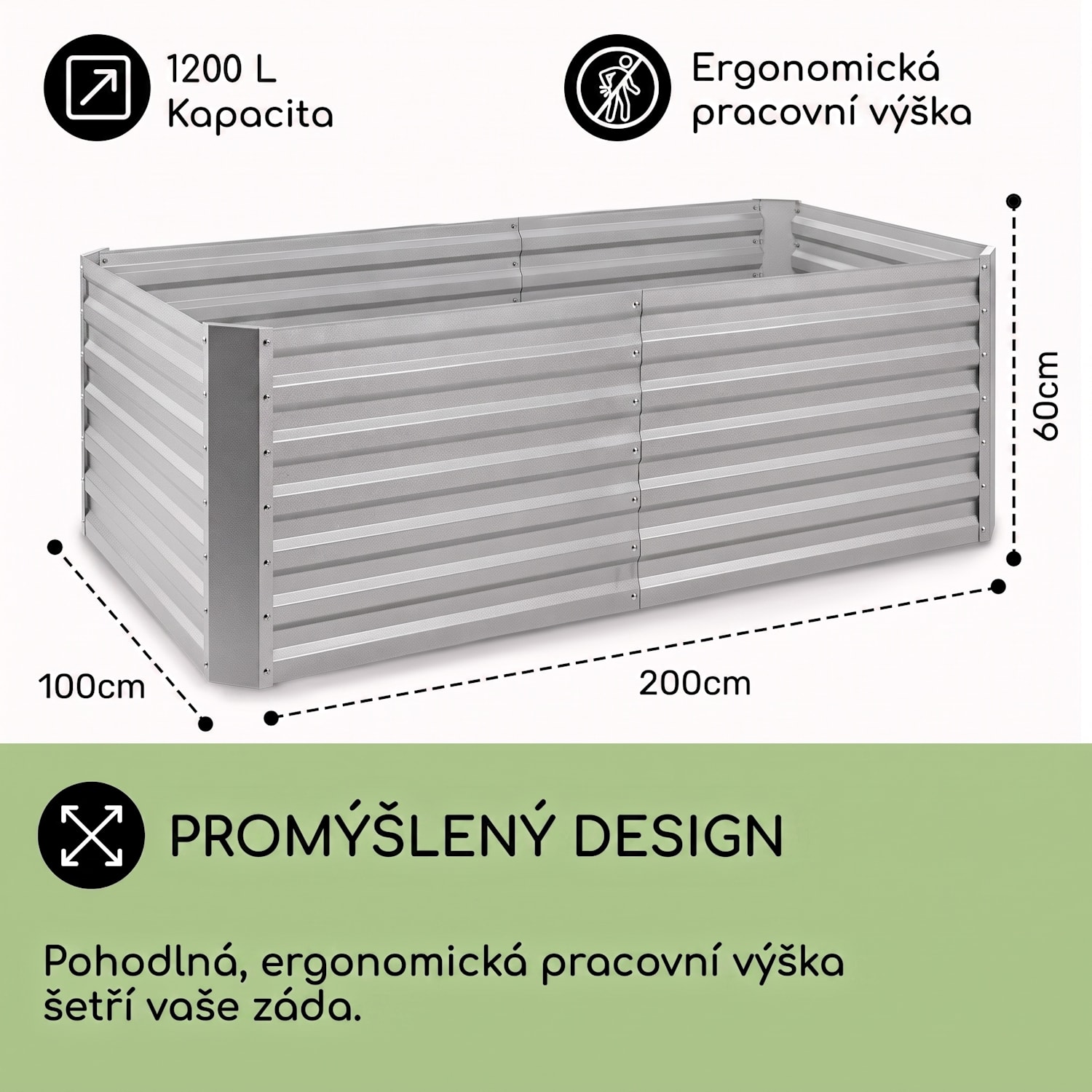 Hight Grow Straight, vyvýšený záhon, 200 x 60 x 100 cm, 1200 l, ocel 200 x 100 x 60 cm | Stříbrná